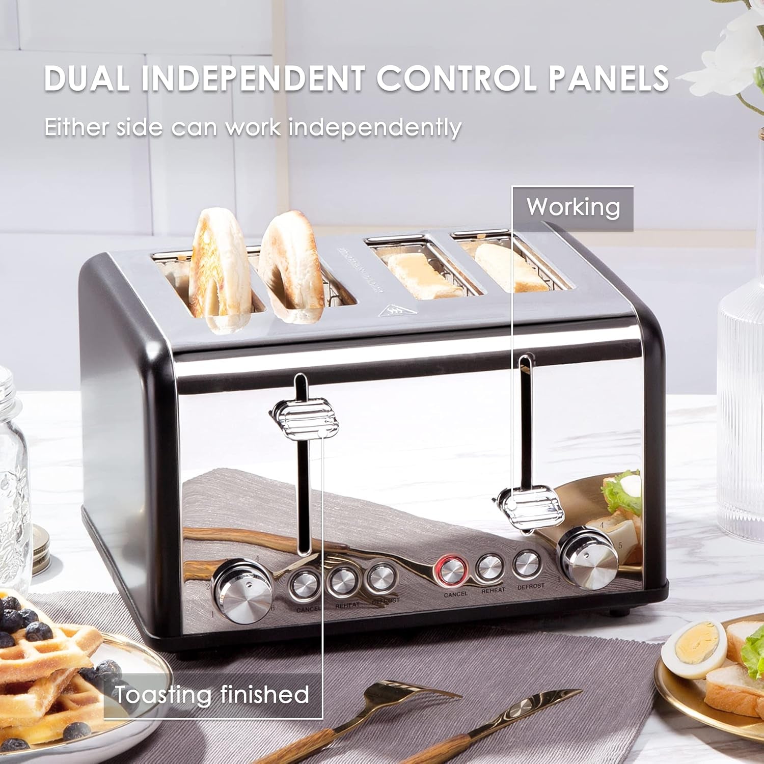 4-Slice Stainless Steel Toaster - Extra Wide Slots, 6 Shade Settings, Bagel & Defrost Functions, 1650W, Sleek Black Design