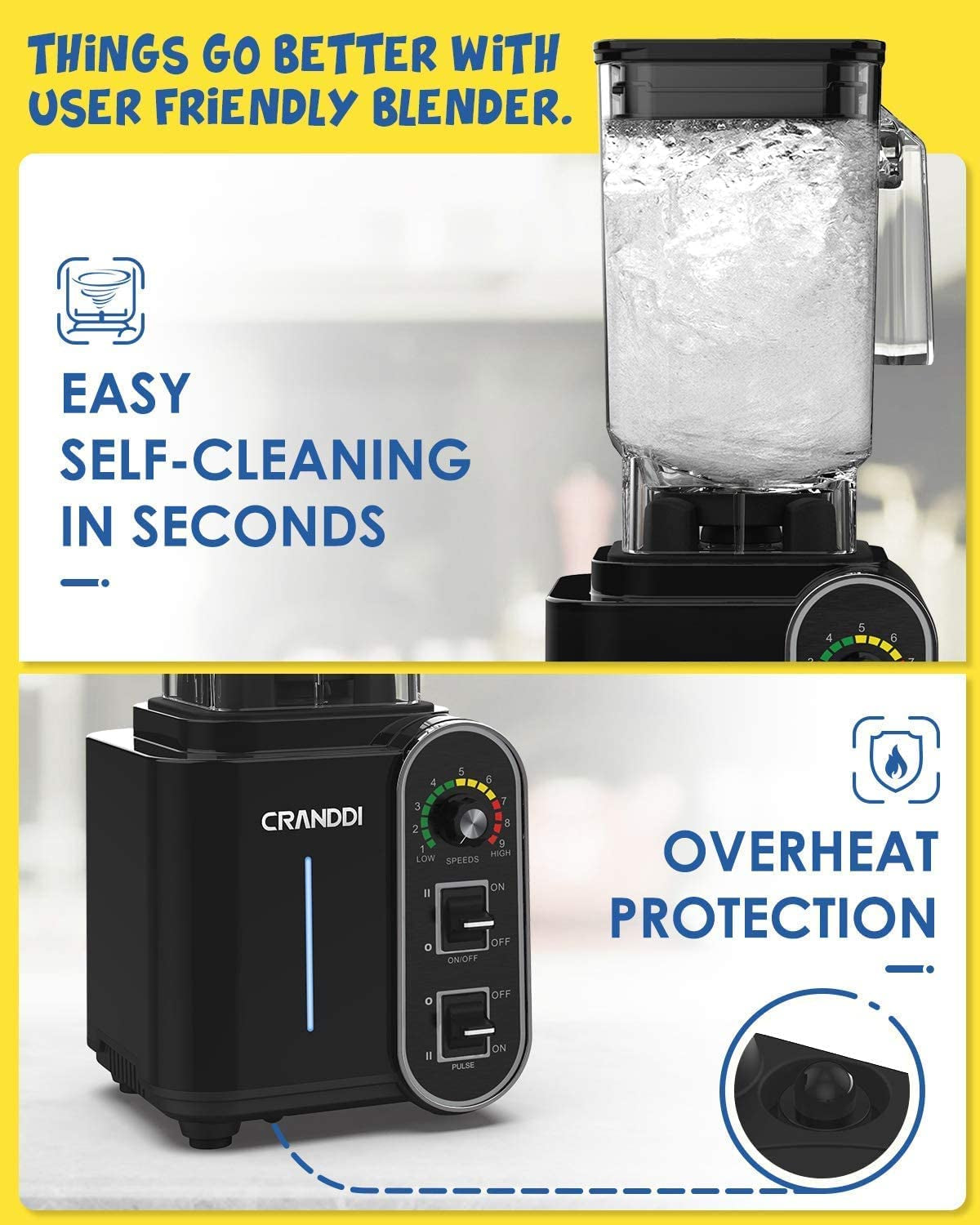 1800W High-Speed Power Blender - 52Oz Countertop Blender for Smoothies & Shakes, Easy to Clean, K98C, Sleek Black Design