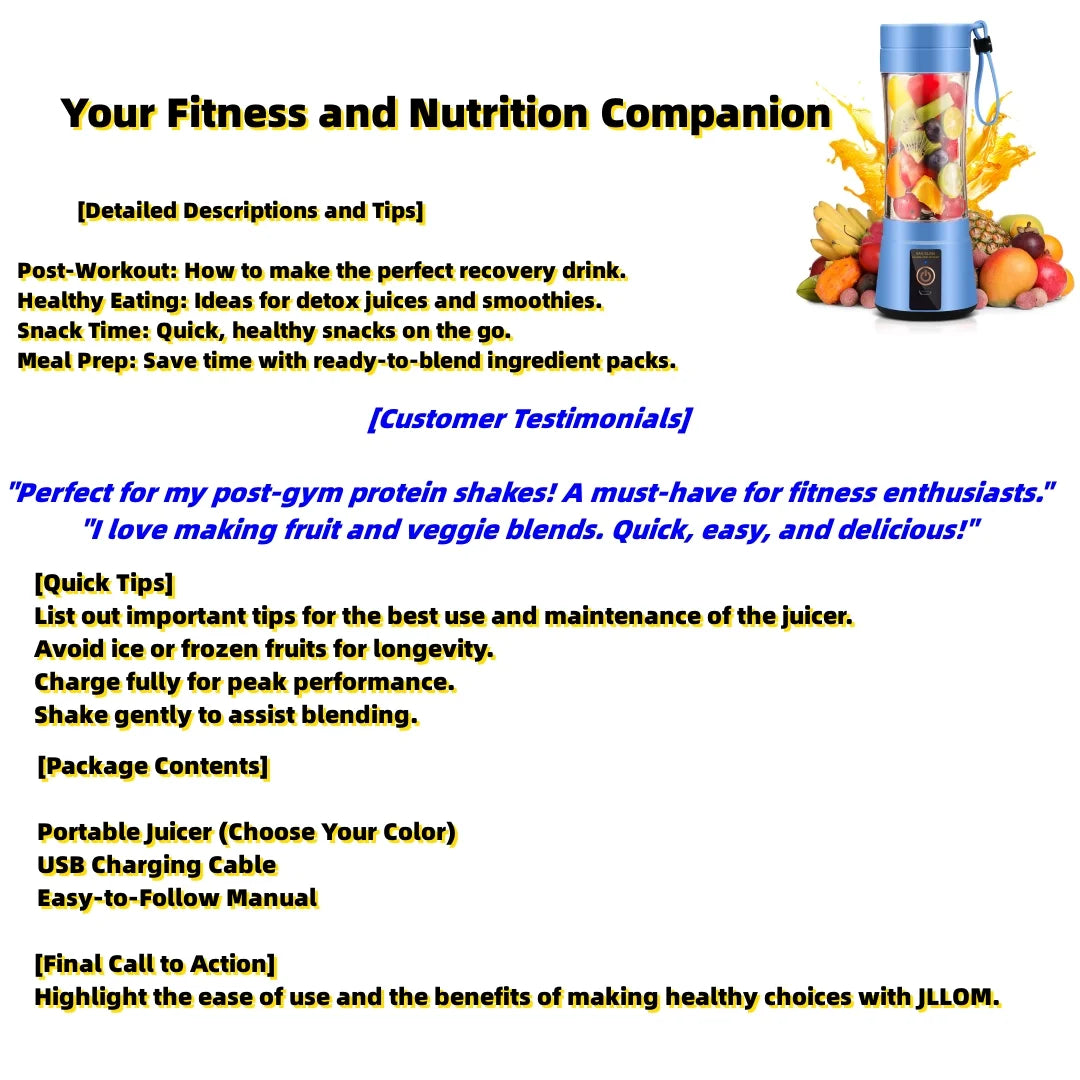 USB Rechargeable Portable Juicer - 350ML Fruit Smoothie & Juice Blender Cup in Blue