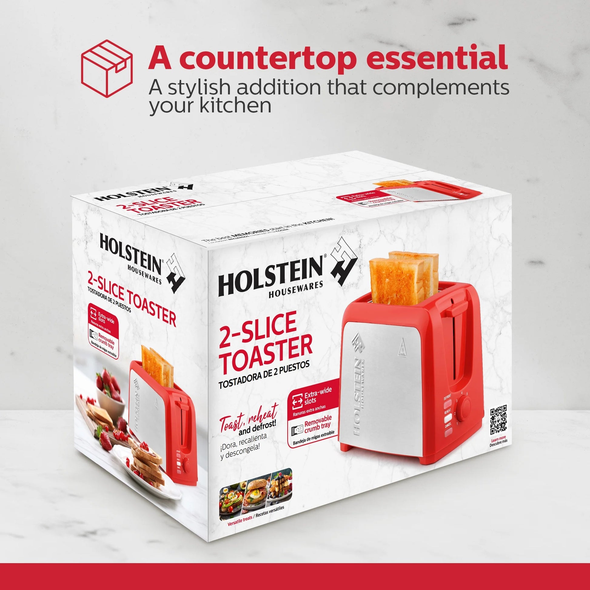 Stylish Red 2-Slice Toaster with Defrost & Reheat Functions