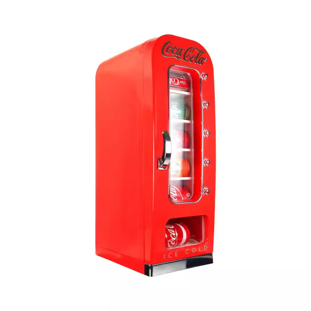 Retro Vending Machine Mini Fridge12V DC 110V AC, 10 Can Cooler with Push-Button Vending Action