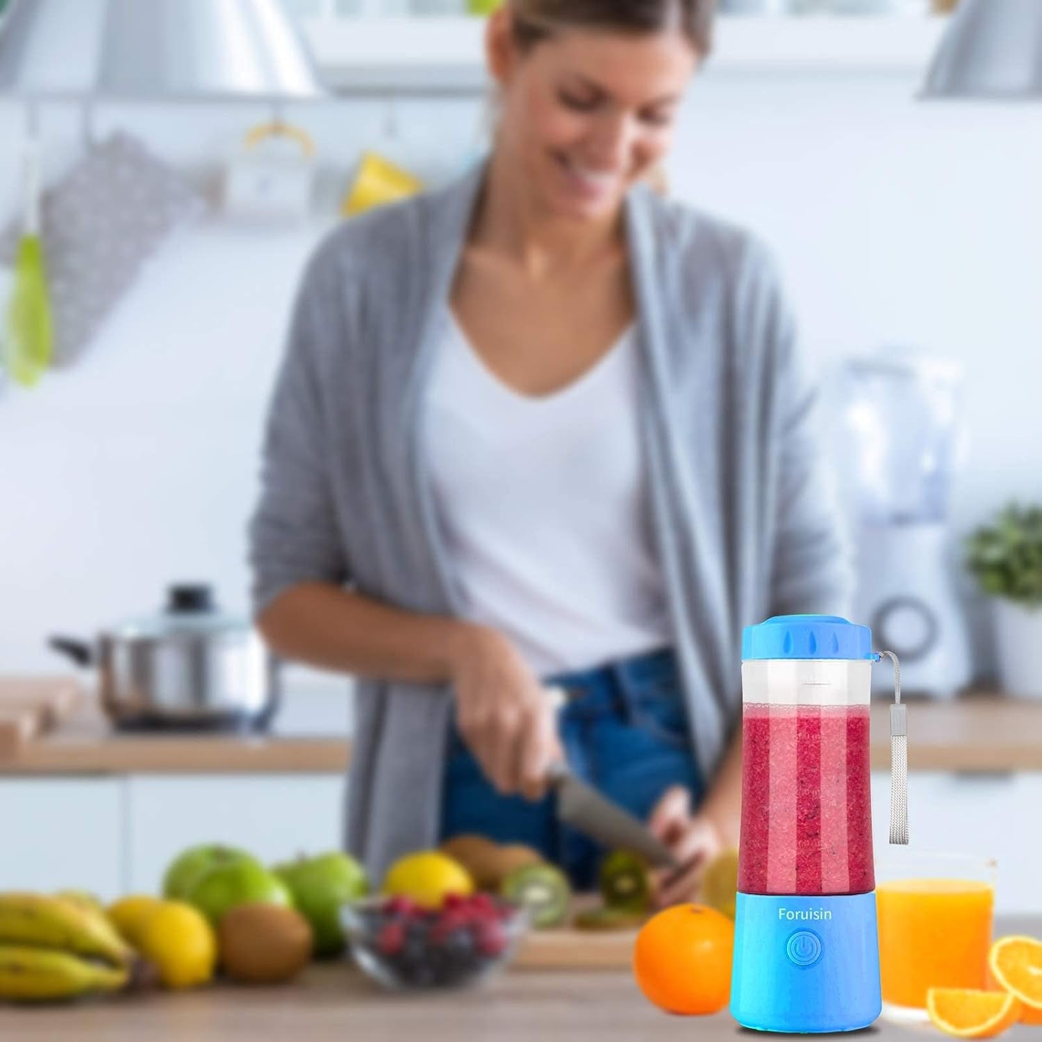 14 OZ Portable Blender - USB Rechargeable Personal Smoothie Maker with Six Blades - Perfect for Baby Milkshakes - Stylish Blue Design