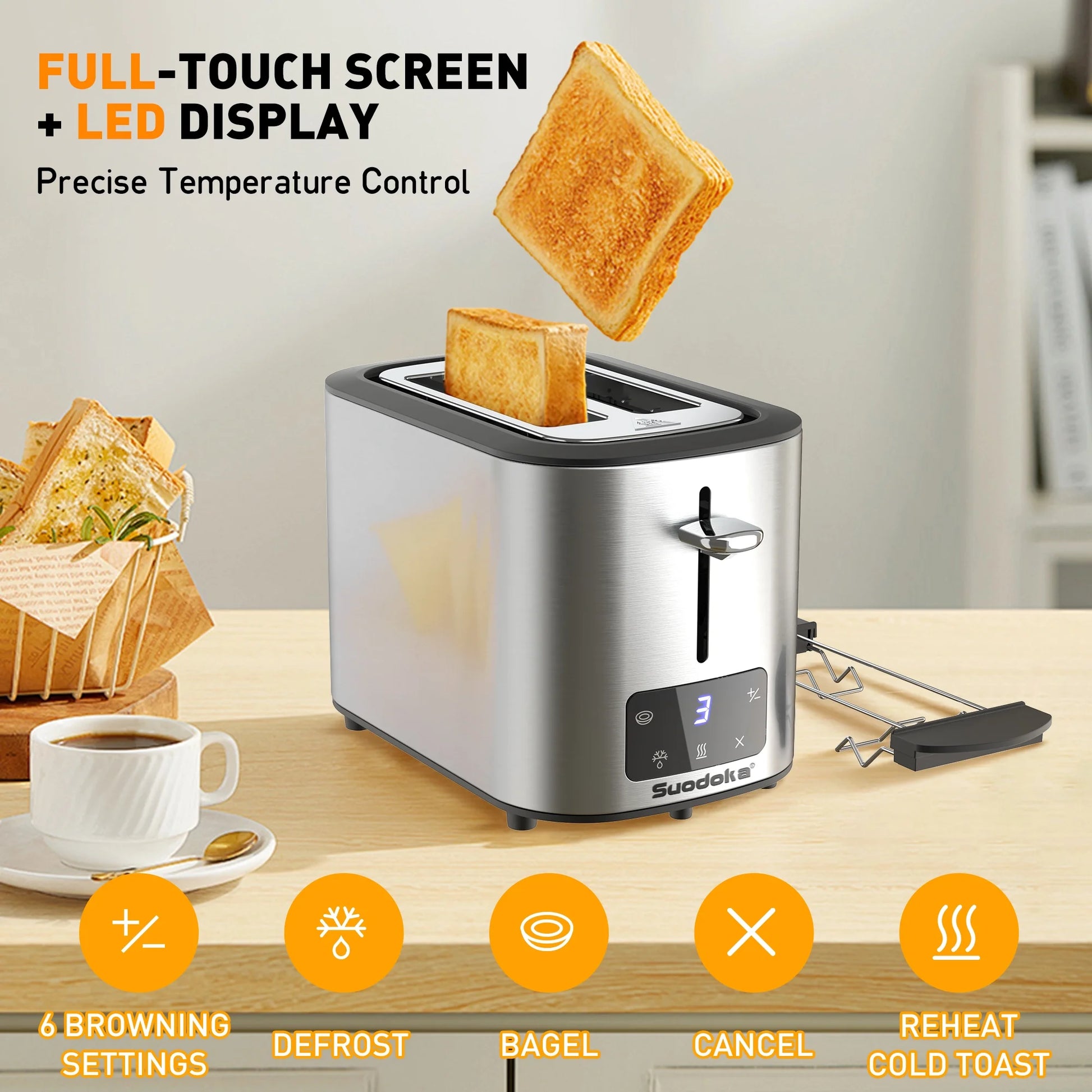 2-Slice Wide Slot Touchscreen Toaster with 6 Shade Settings - Perfect for Bagels, Defrosting, and Reheating!