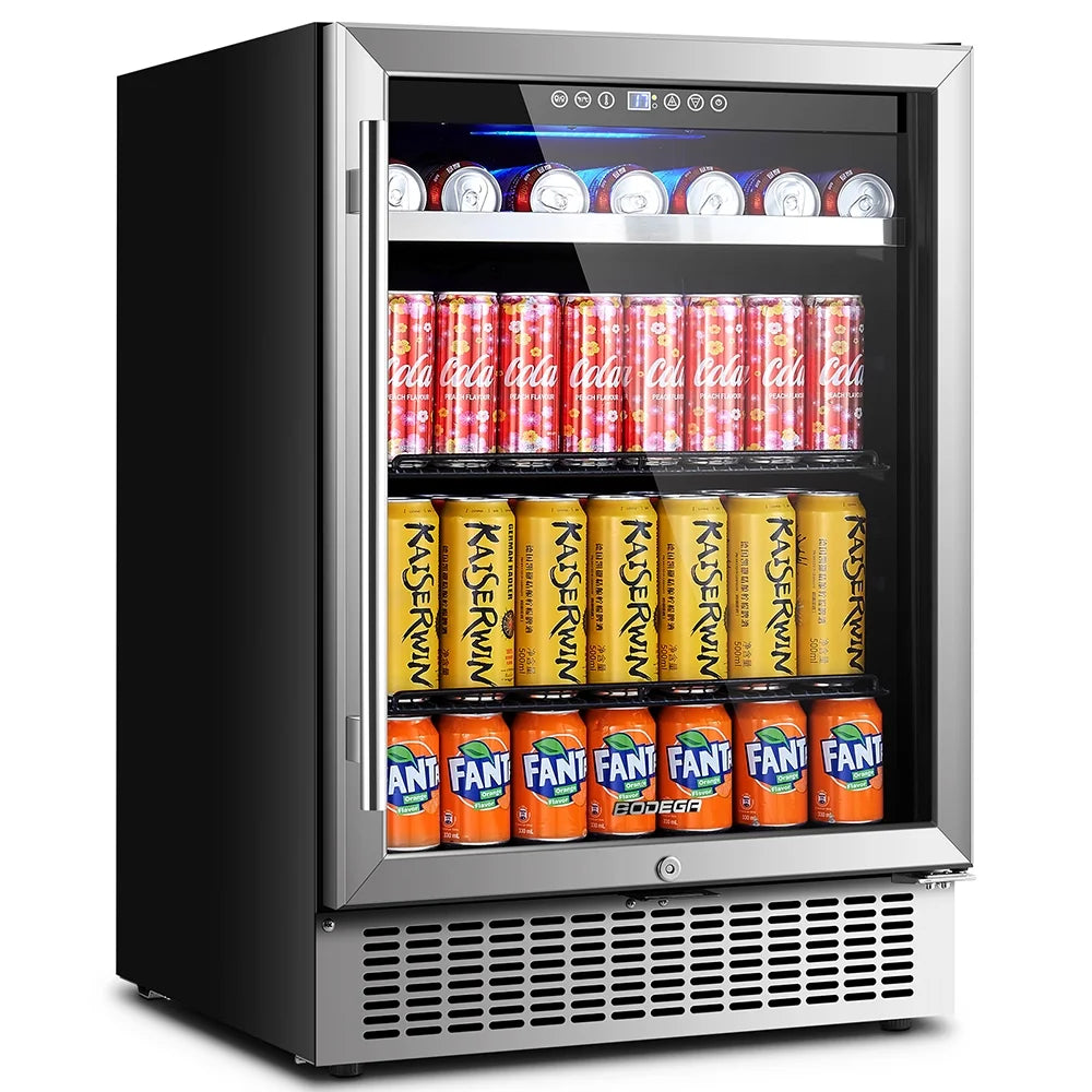 24" Beverage Refrigerator - 180 Can Capacity, Built-In & Freestanding, Touch Screen Control, Dual Layer Glass Door, Removable Shelves & Safety Lock for Beer, Soda & Water