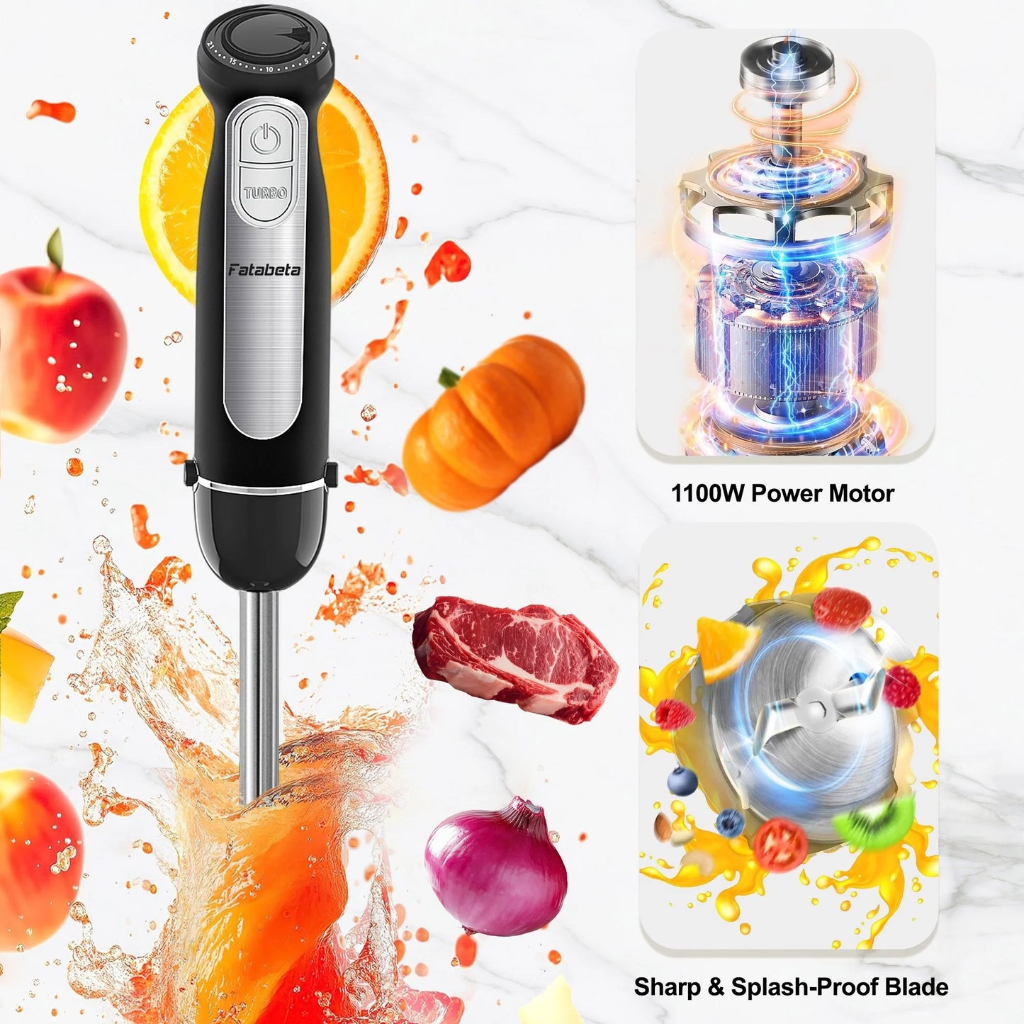 1100W 21-Speed Immersion Blender with Turbo Mode - Versatile 5-in-1 Hand Blender for Smoothies, Baby Food, Soups, and Purees - Sleek Black Design