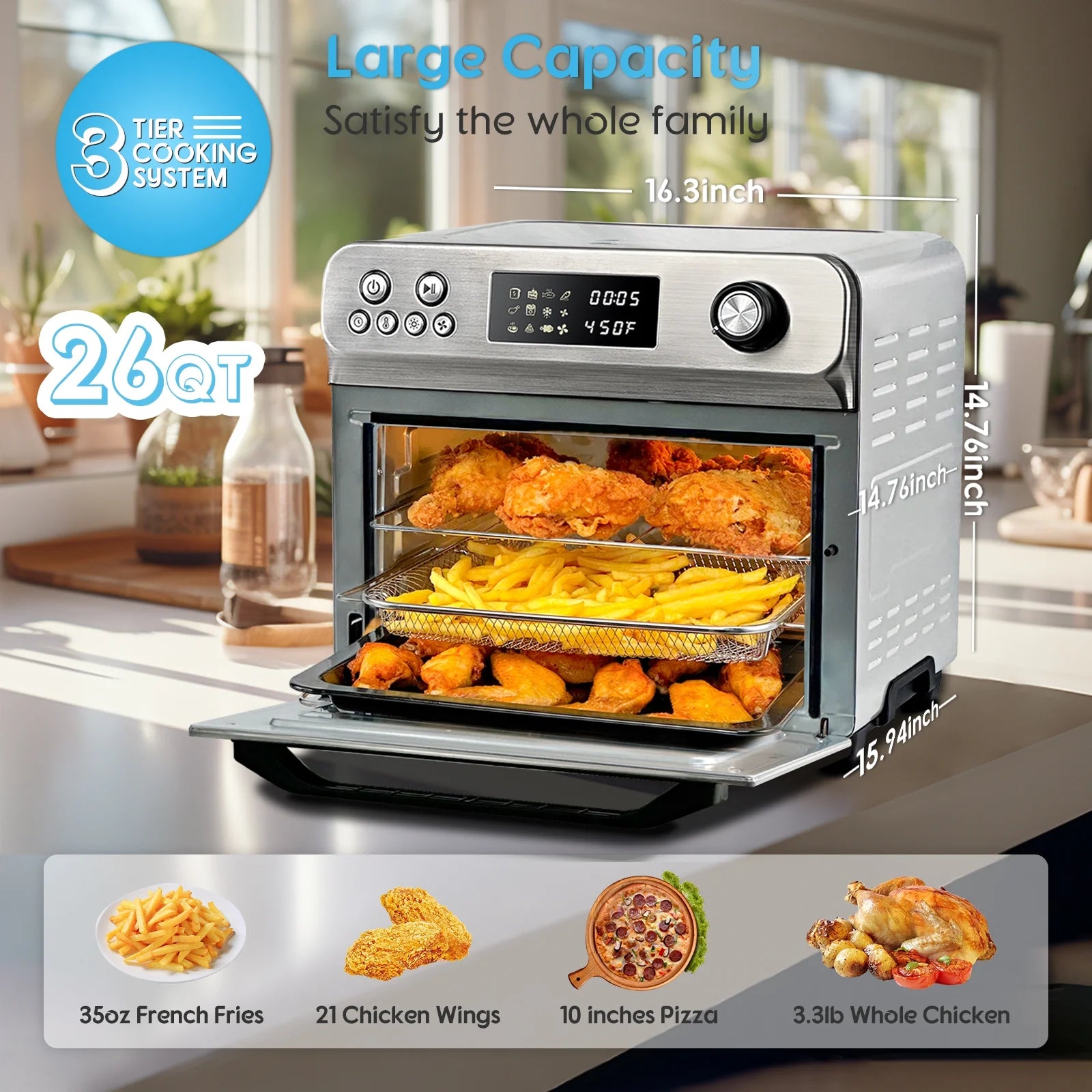 26QT Stainless Steel Air Fryer Oven with Rotisserie 1800W Air Fryer Toaster Oven,10 in 1 Countertop Oven