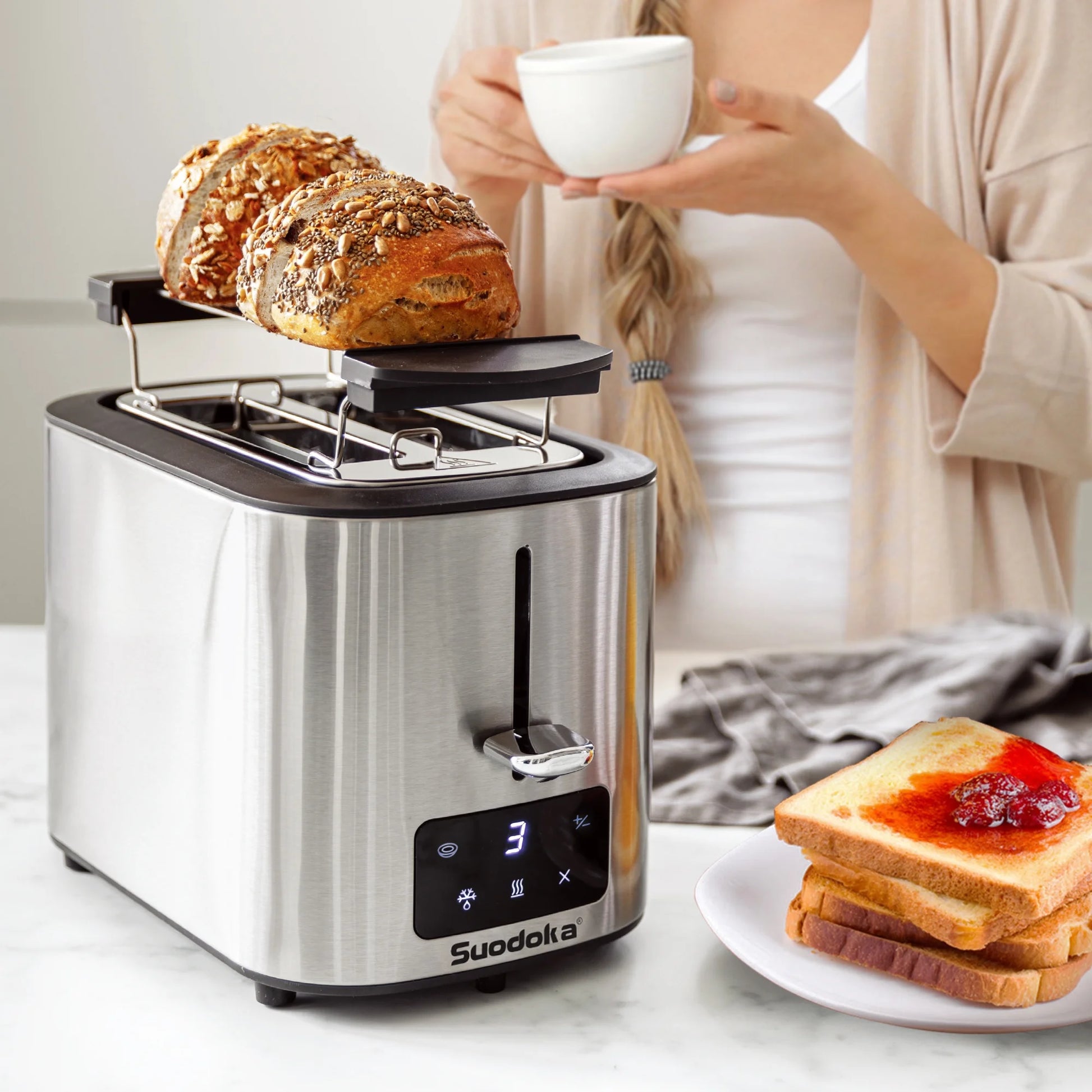 2-Slice Wide Slot Touchscreen Toaster with 6 Shade Settings - Perfect for Bagels, Defrosting, and Reheating!