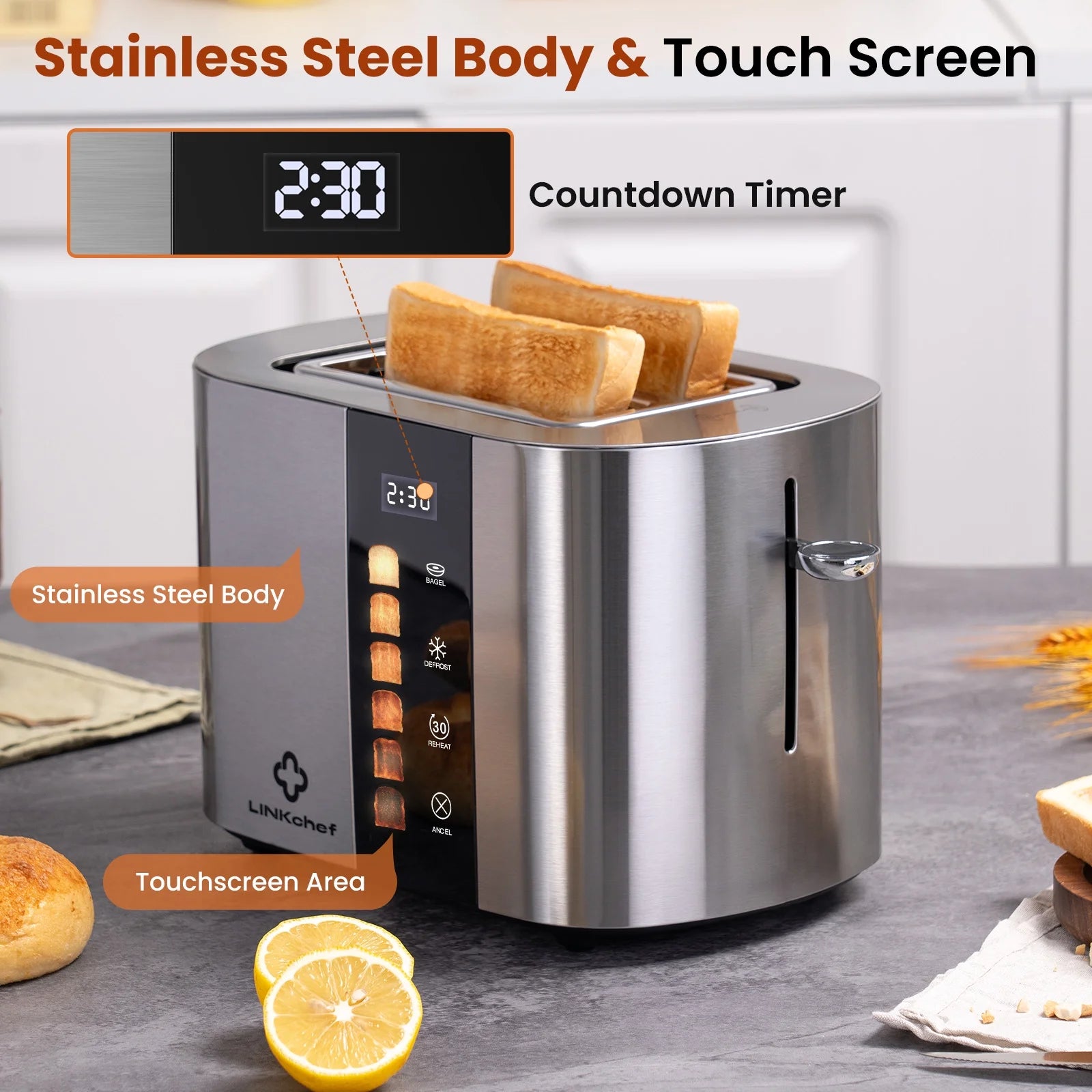 2-Slice Stainless Steel Toaster with Extra-Wide 1.5" Slots and Touch Screen Control – Perfect for Bagels, Defrosting, and Reheating!