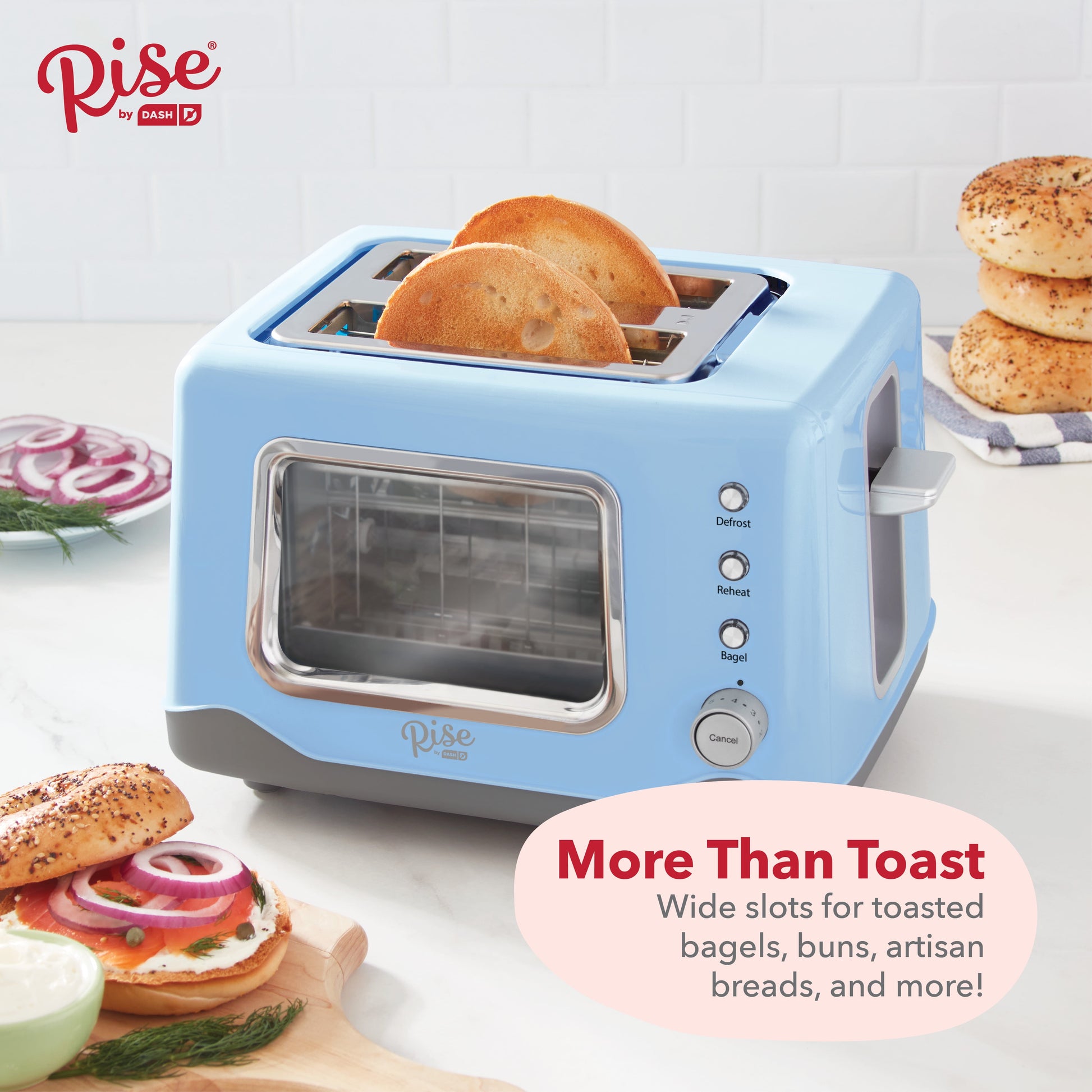 Dash Rise Clear View 2-Slice Toaster in Blue - Defrost, Reheat, Bagel Settings & Auto Shut Off