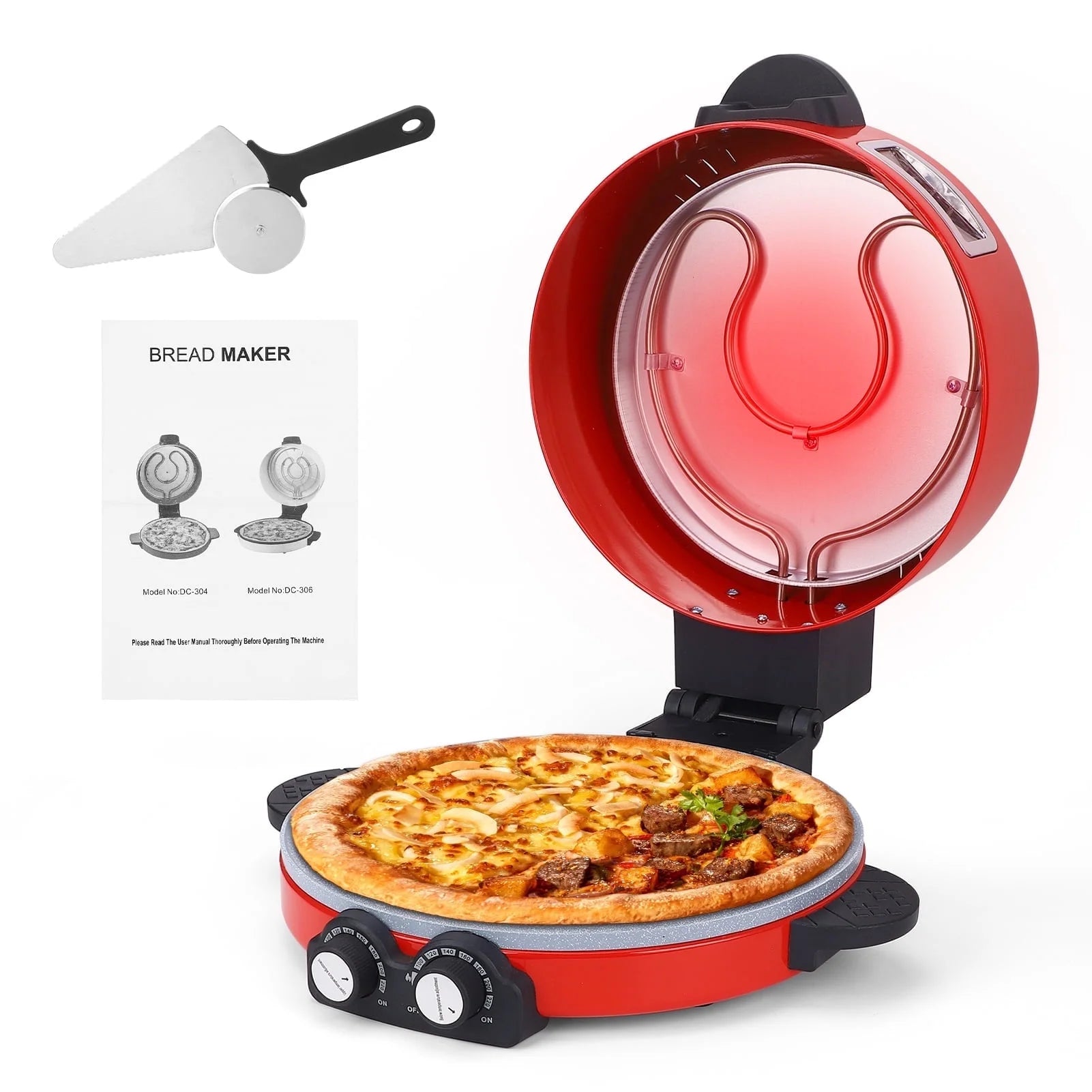 12" Pizza Oven with Visual Window - 1800W Countertop Pizza Maker with Dual Temperature Control up to 440°C - Stylish Red Design