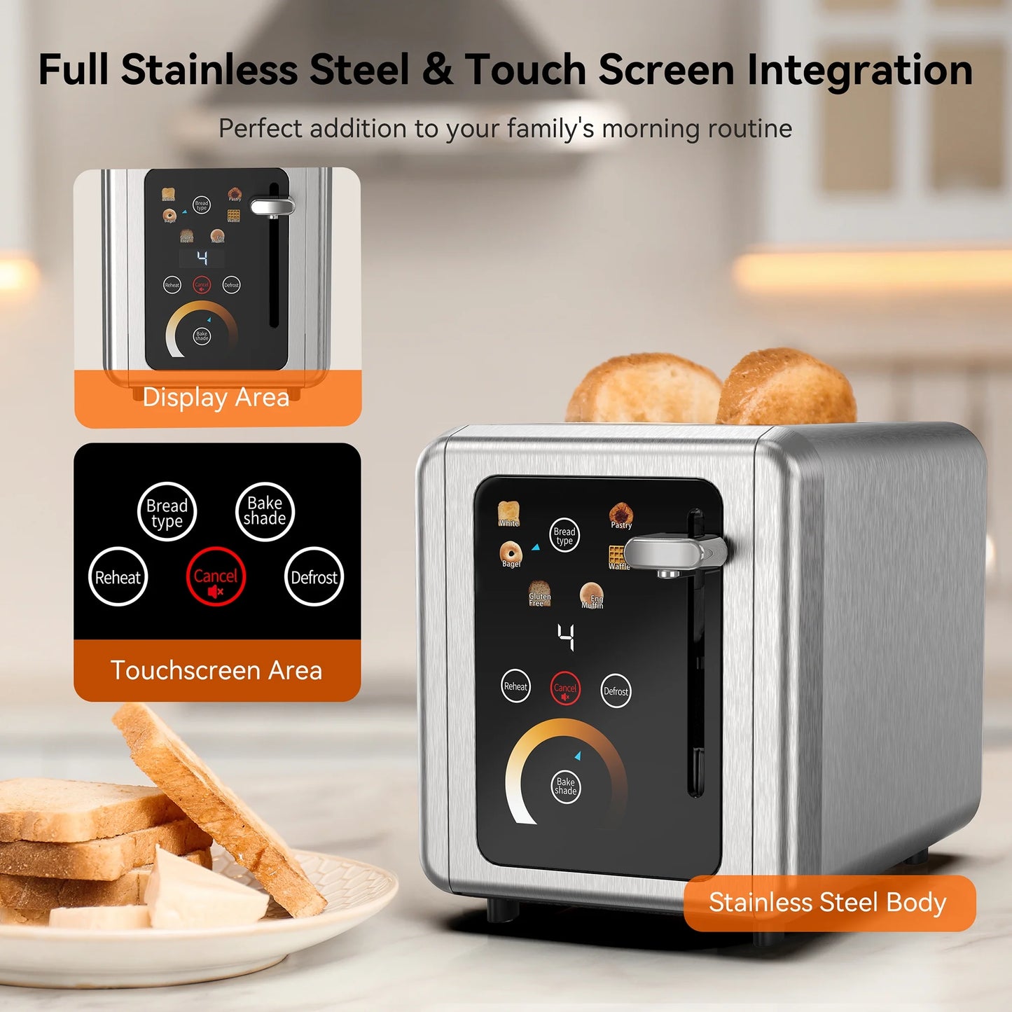 Touchscreen 2-Slice Stainless Steel Toaster with Wide Slots - Perfect for Bagels & Defrosting, 850W Power