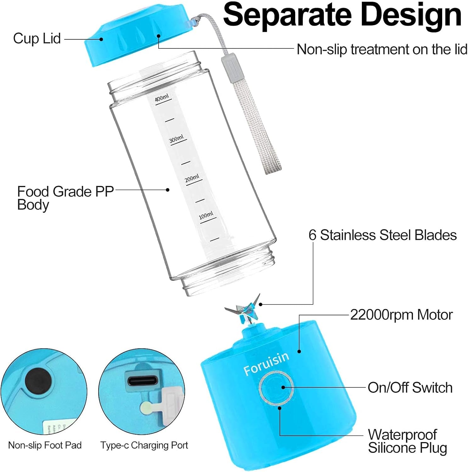 14 OZ Portable Blender - USB Rechargeable Personal Smoothie Maker with Six Blades - Perfect for Baby Milkshakes - Stylish Blue Design