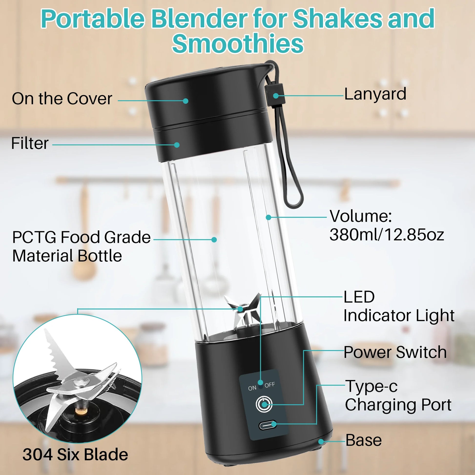 Mini Portable Blender Cup - Perfect for Smoothies and Shakes, 380ml Capacity