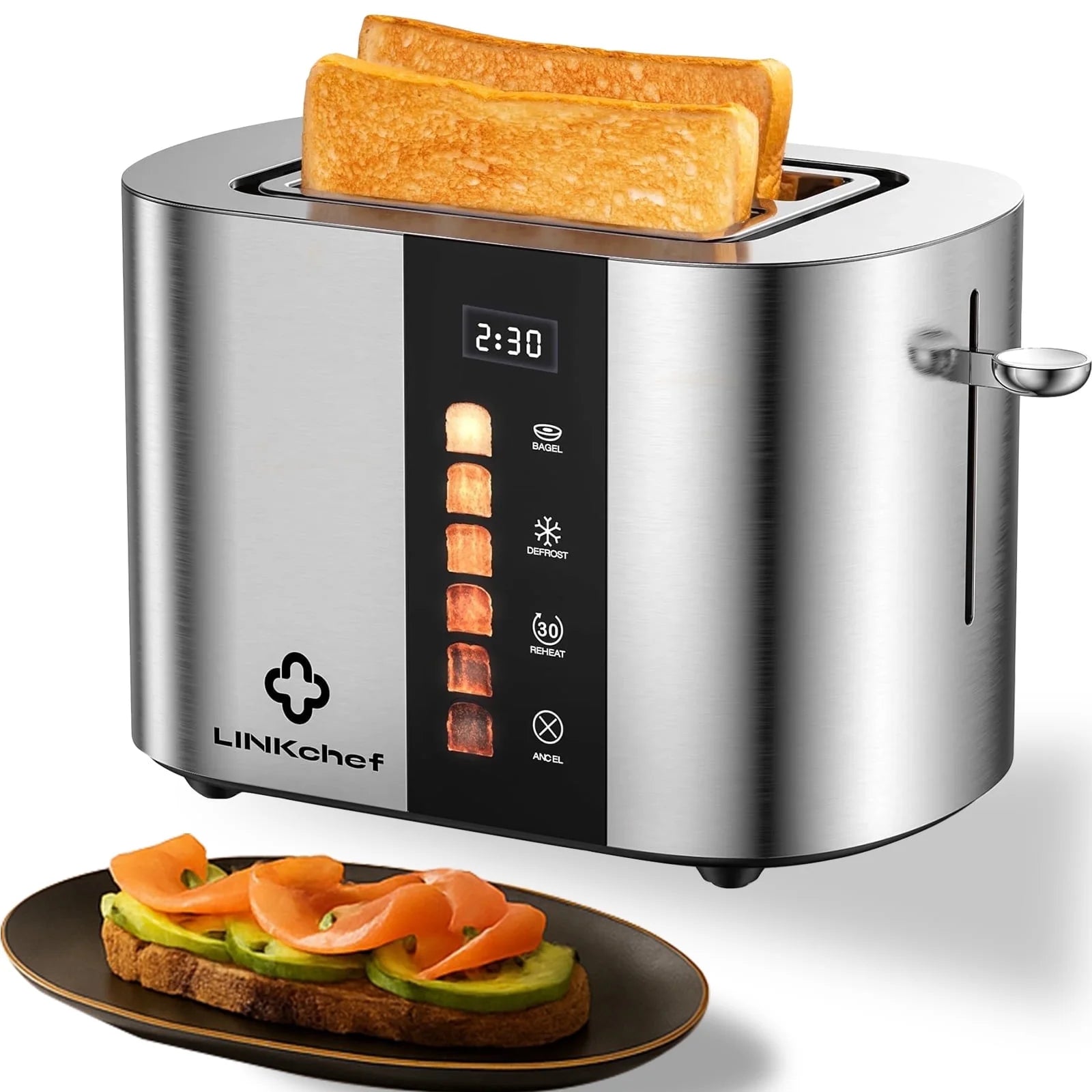 2-Slice Stainless Steel Toaster with Extra-Wide 1.5" Slots and Touch Screen Control – Perfect for Bagels, Defrosting, and Reheating!