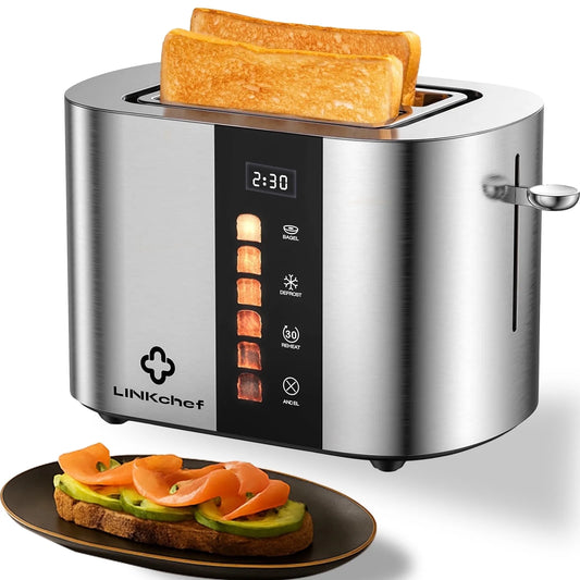 2-Slice Stainless Steel Toaster with Extra-Wide 1.5" Slots and Touch Screen Control – Perfect for Bagels, Defrosting, and Reheating!
