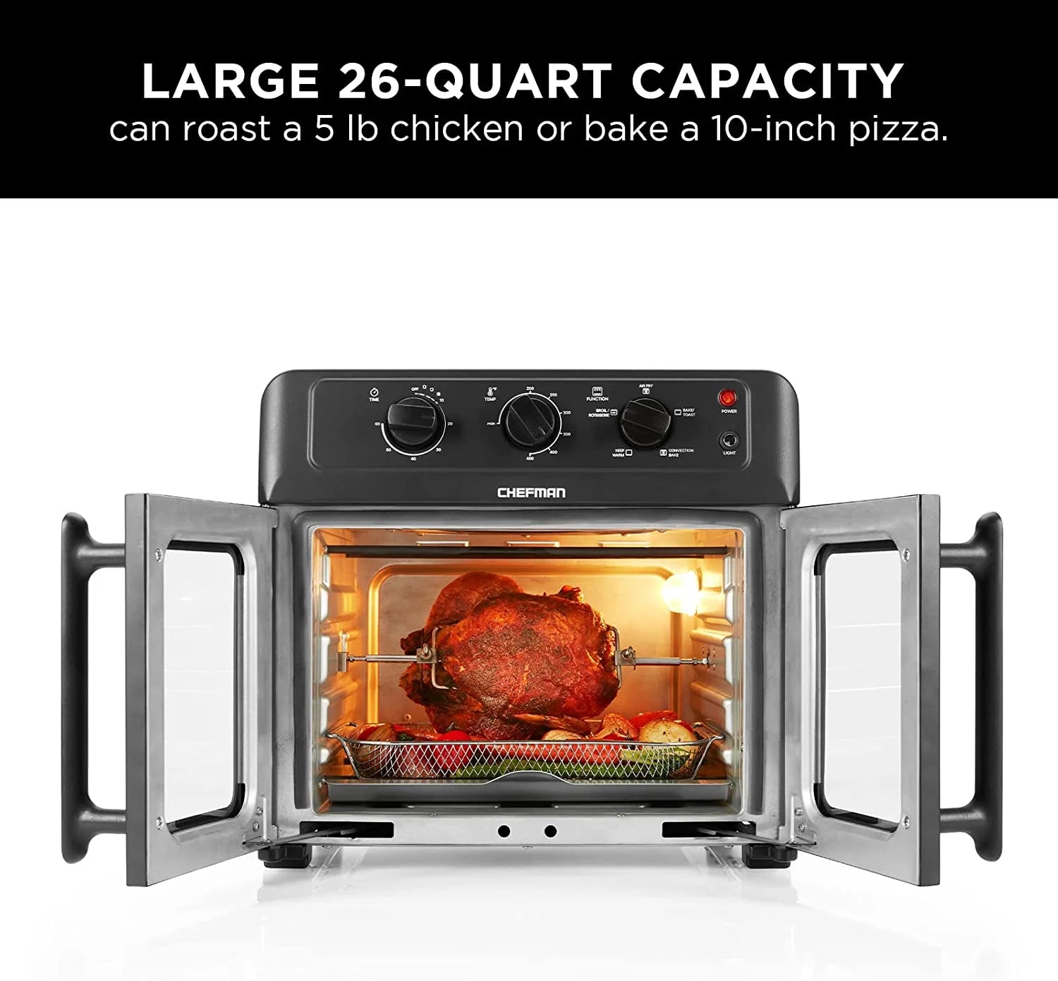 XL Air Fryer Oven W/ French Doors, 26 Qt Capacity, 5 Functions - Black