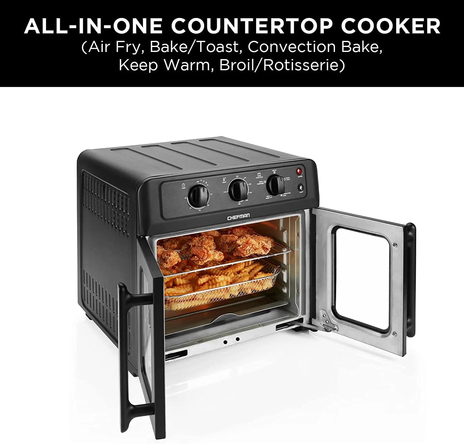 XL Air Fryer Oven W/ French Doors, 26 Qt Capacity, 5 Functions - Black