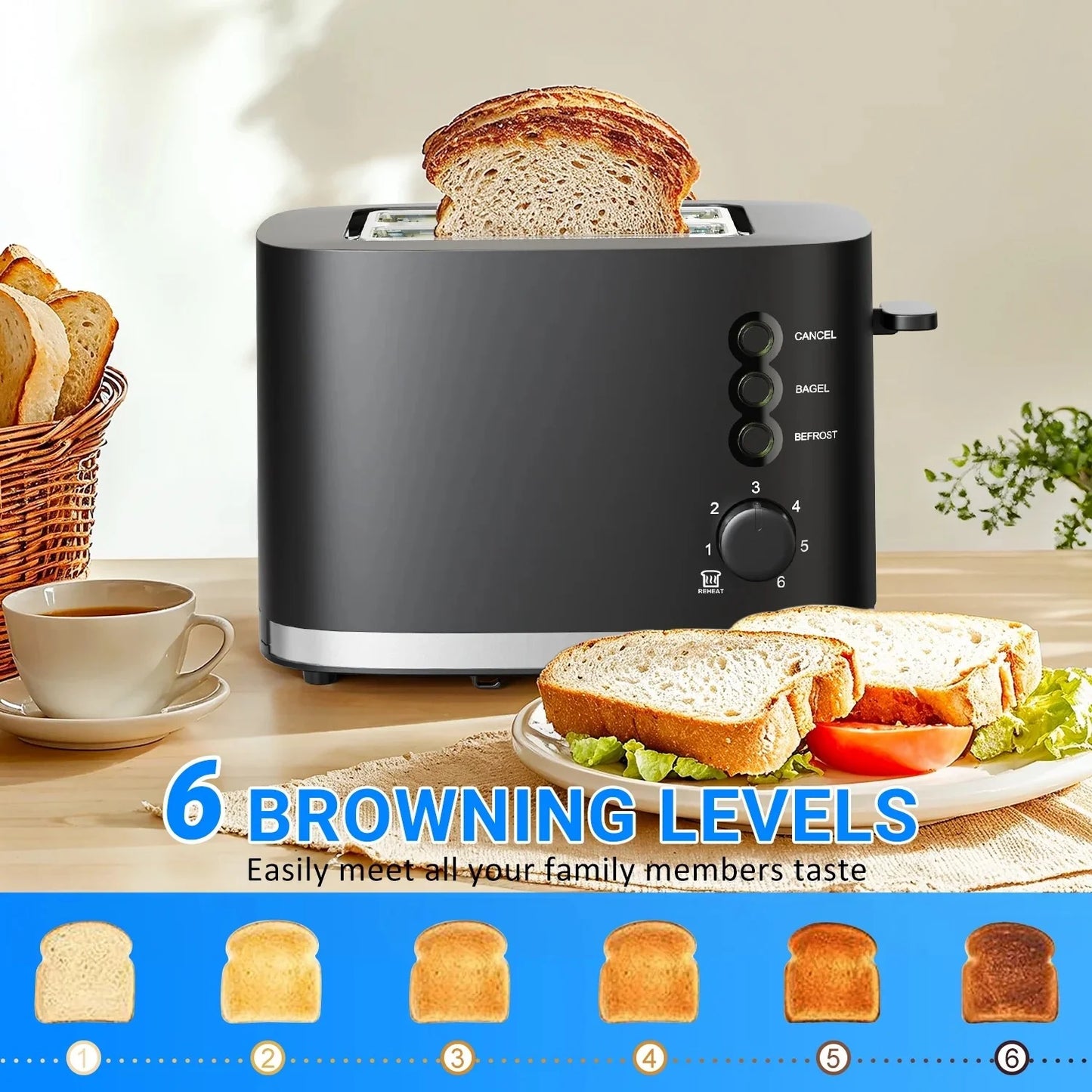 Wide Slot 2 Slice Toaster: Bread Toaster with Removable Crumb Tray, 6 Bread Shade Settings, Auto-Shutoff, Cord Storage under Base, Black, 2PCS