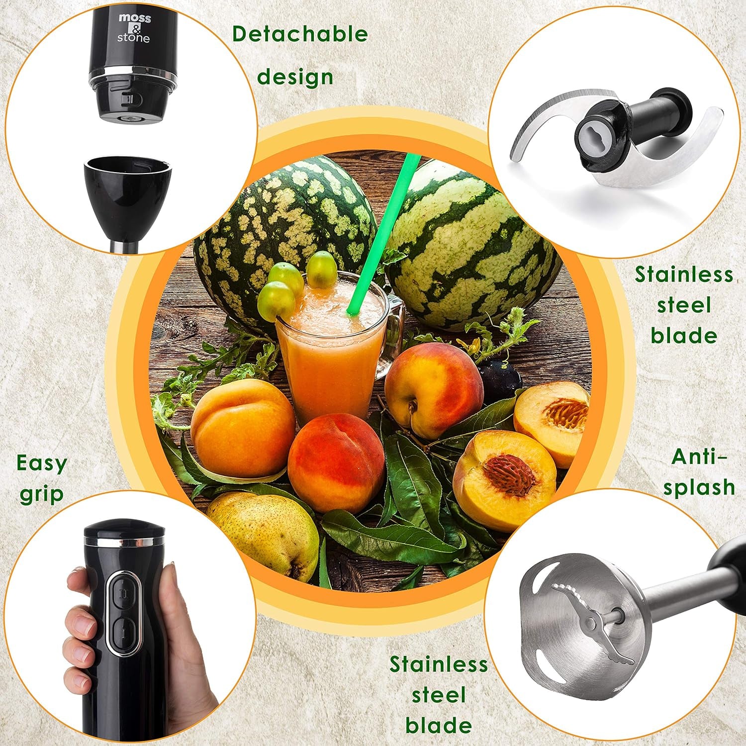 300W Hand Blender Set - Powerful Immersion Mixer with Egg Whisk & Chopper, Ergonomic Black Design, Stainless Steel Blades