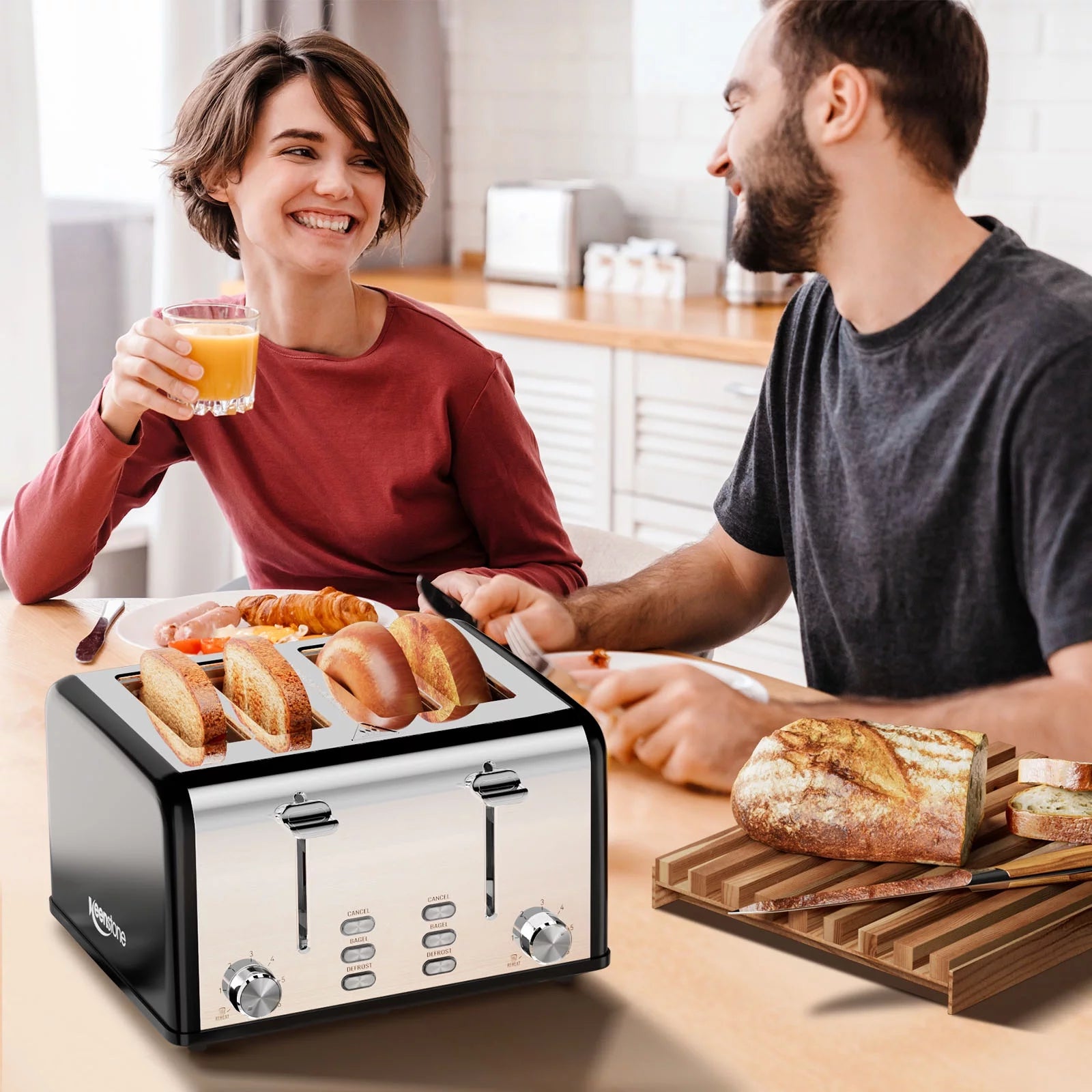 Retro 4-Slice Stainless Steel Toaster with Bagel, Defrost, Reheat, and 6 Shade Settings - Perfect Kitchen Essential!