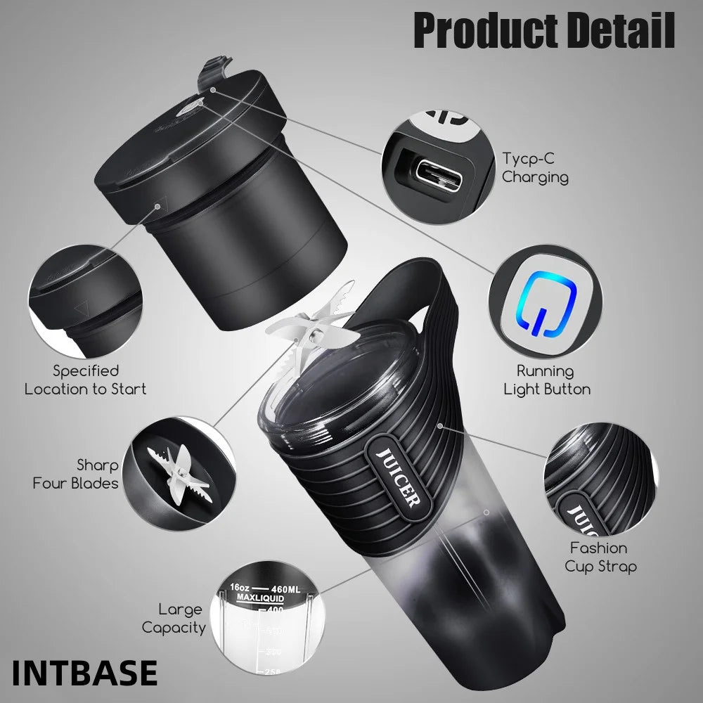 Portable Mini Blender Cup - USB Rechargeable Personal Juicer for Smoothies & Shakes, 460ml, Travel-Friendly Design, Black