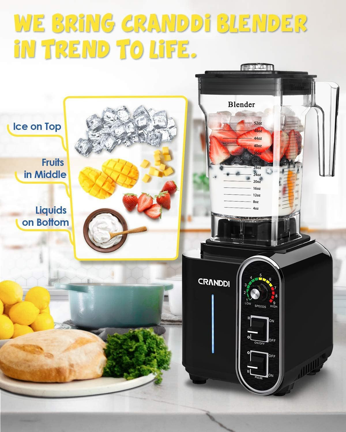1800W High-Speed Power Blender - 52Oz Countertop Blender for Smoothies & Shakes, Easy to Clean, K98C, Sleek Black Design