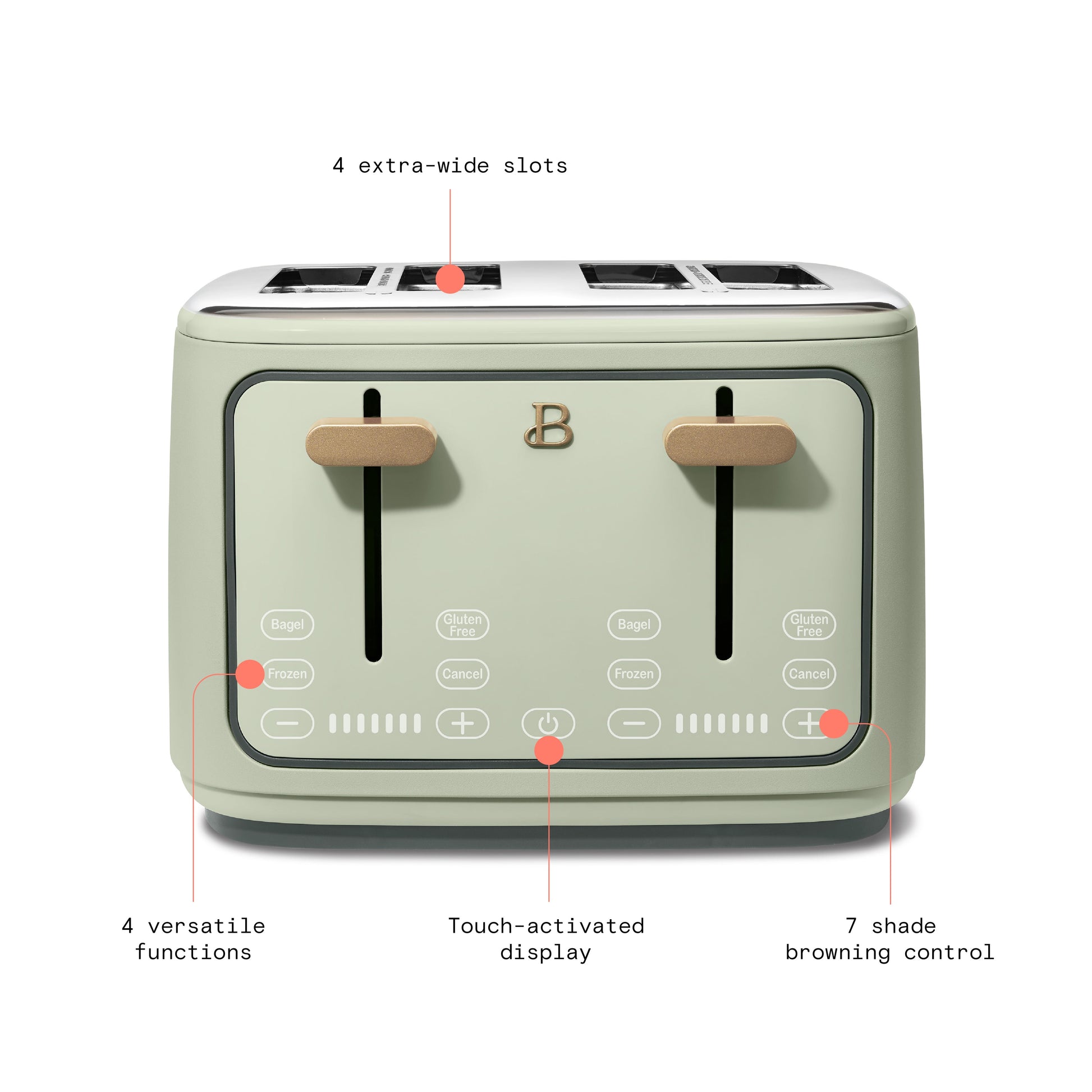 Sleek Sage Green 4-Slice Toaster with Touch-Activated Display by Drew Barrymore