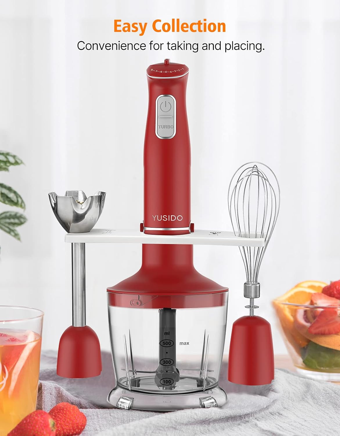 Powerful 800W Immersion Hand Blender - 4-in-1 Food Processor with Titanium Steel Blades for Smoothies, Whisking, Chopping, Soups, Juicing & Ice Crushing (Red)