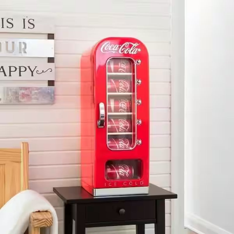 Retro Vending Machine Mini Fridge12V DC 110V AC, 10 Can Cooler with Push-Button Vending Action