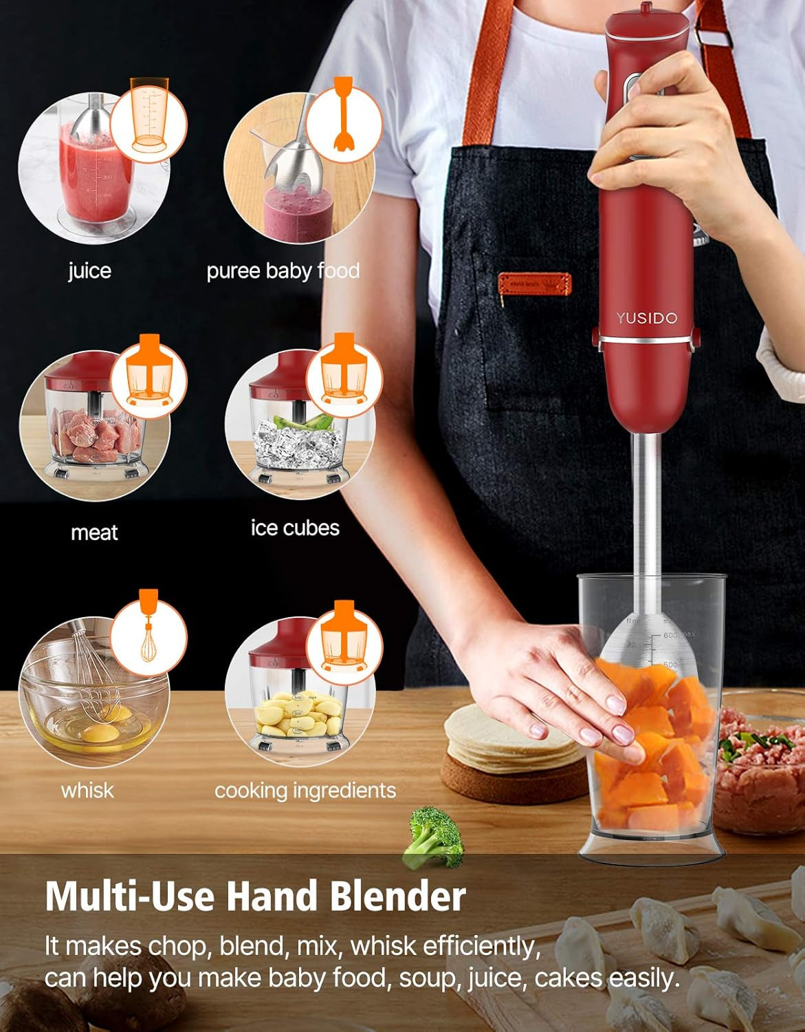 Powerful 800W Immersion Hand Blender - 4-in-1 Food Processor with Titanium Steel Blades for Smoothies, Whisking, Chopping, Soups, Juicing & Ice Crushing (Red)