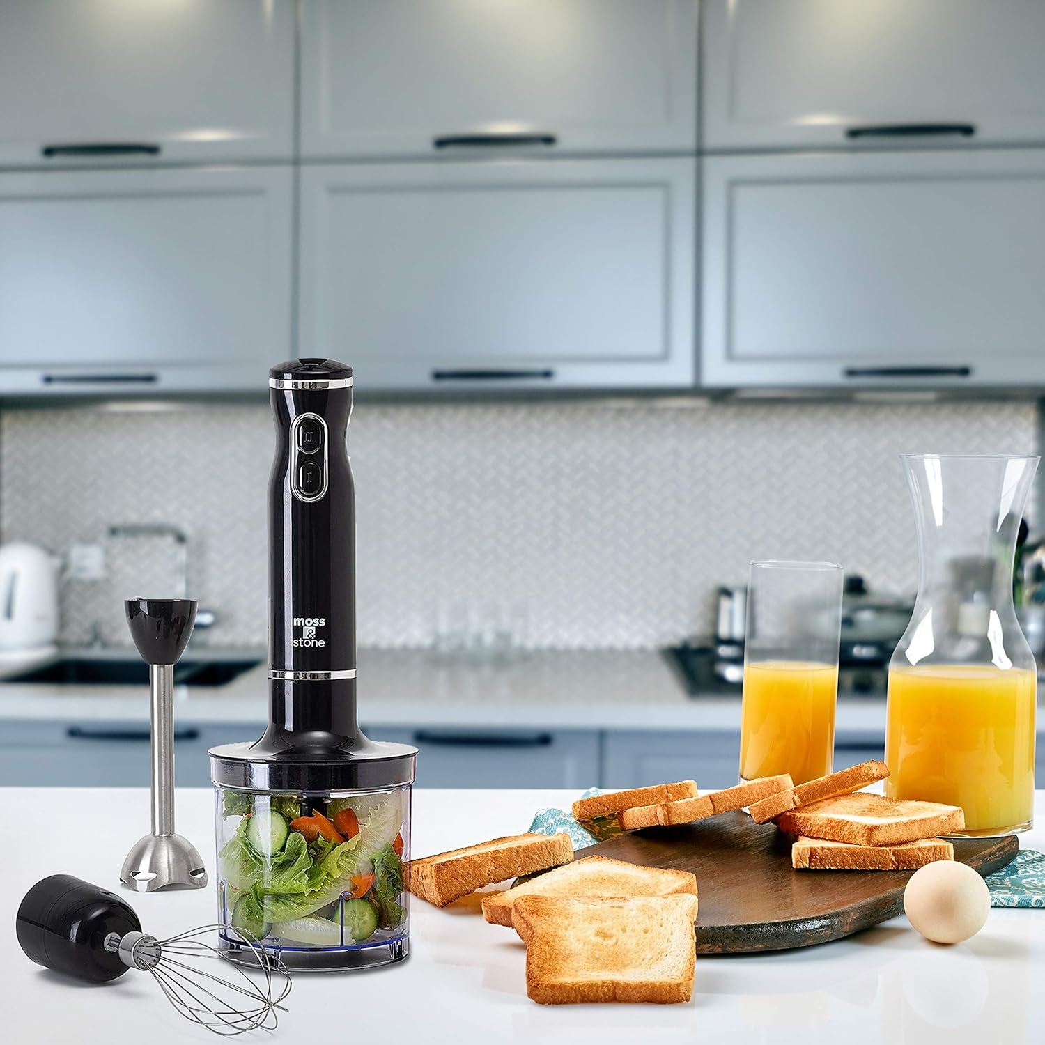 300W Hand Blender Set - Powerful Immersion Mixer with Egg Whisk & Chopper, Ergonomic Black Design, Stainless Steel Blades
