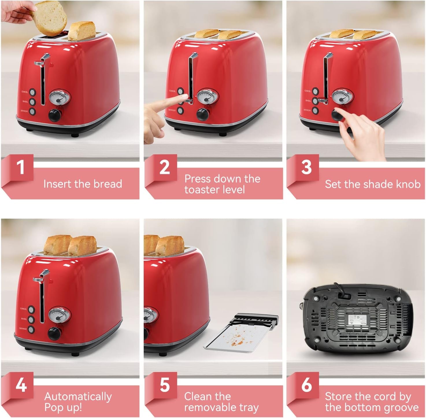 Retro Red 2-Slice Stainless Steel Toaster with 6 Settings, Extra Wide Slots, and Removable Crumb Tray