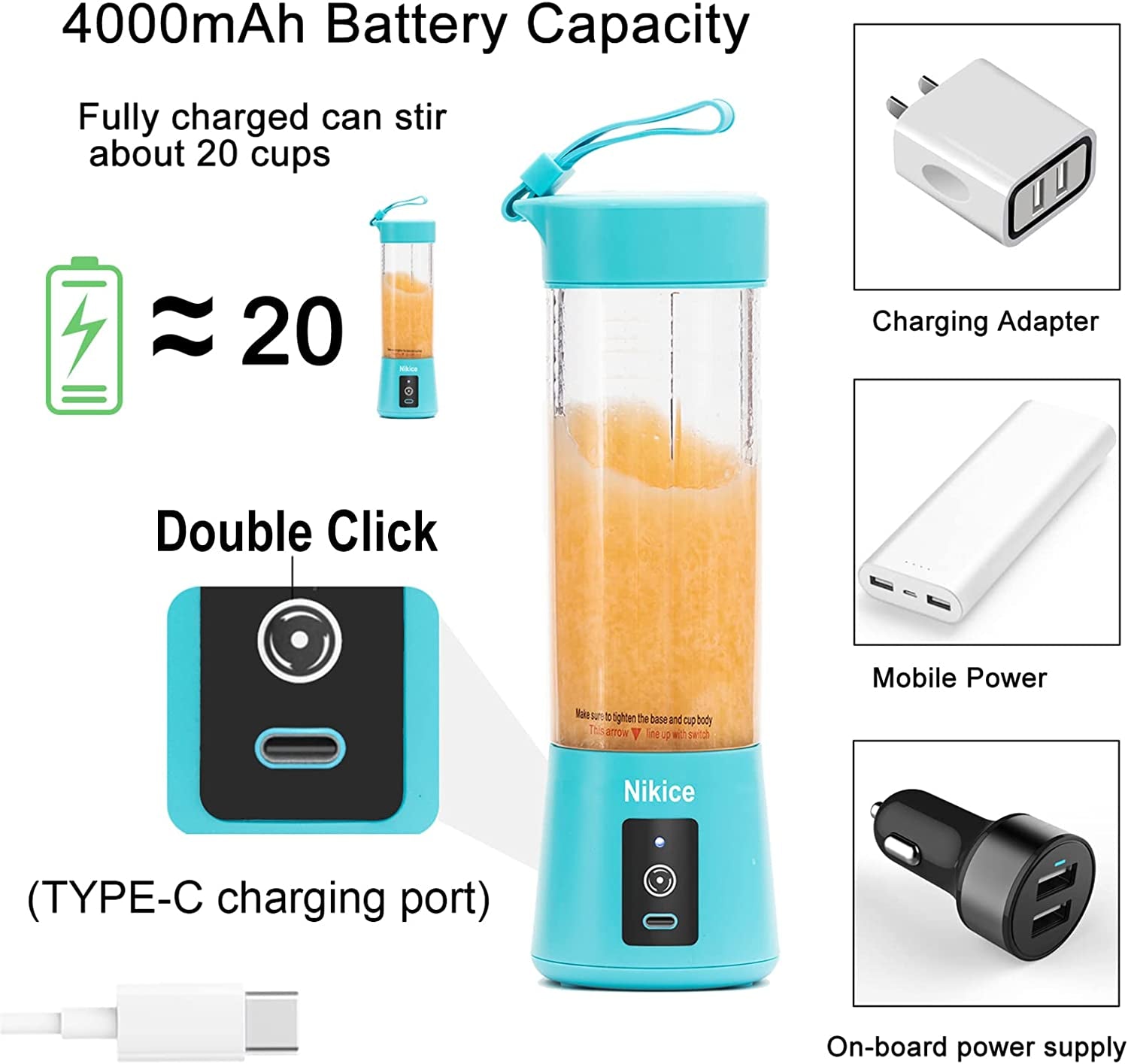 Portable Personal Blender for Smoothies & Shakes - Handheld Fruit Juicer Cup in Blue