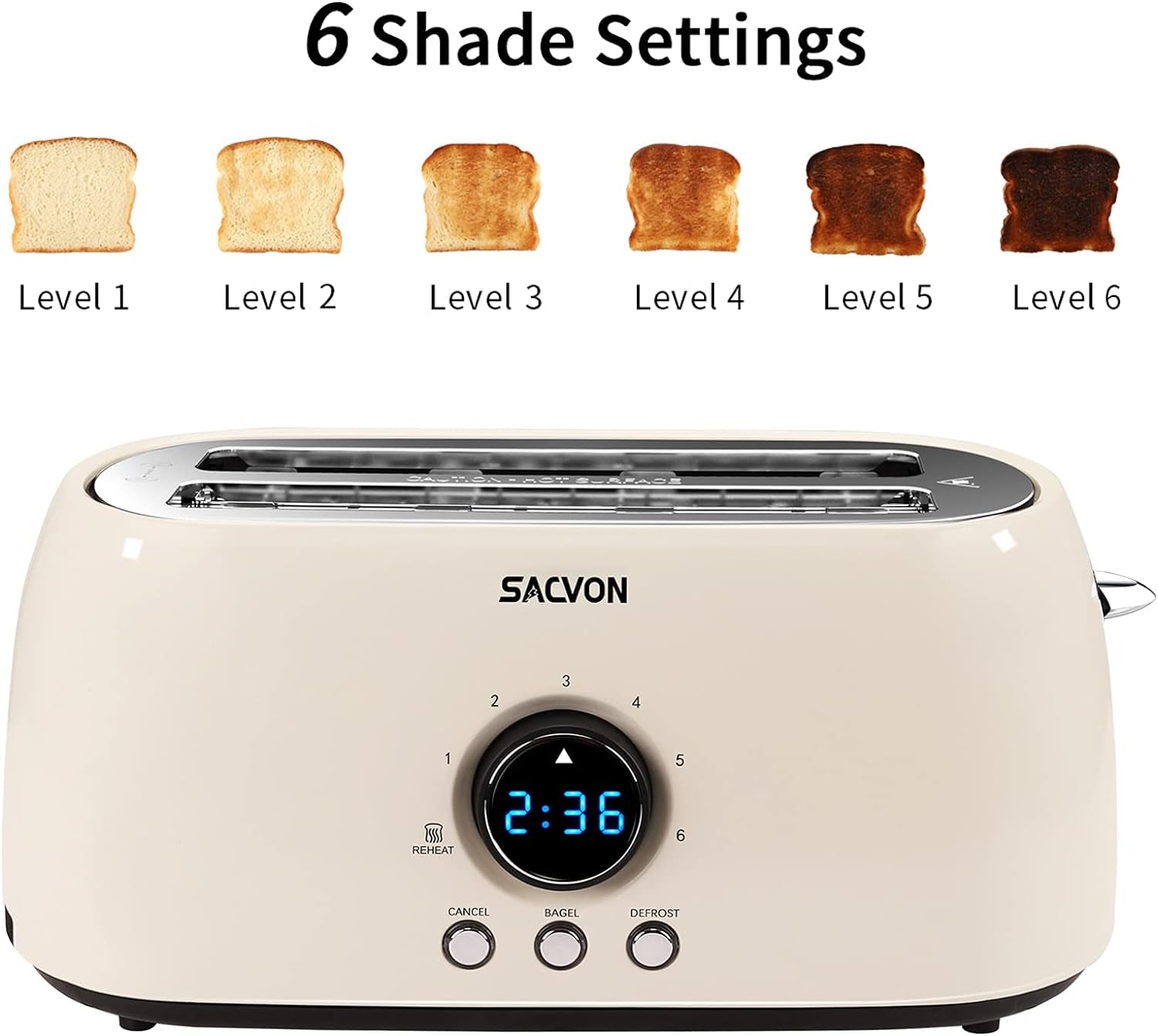 Toaster 4 Slice, Toaster 2 Long Slot,  Stainless Steel Toaster, Bagel, Defrost, Cancel, Reheat Function, Digital Timer, Removable Tray, 6 Shade Setting, Beige