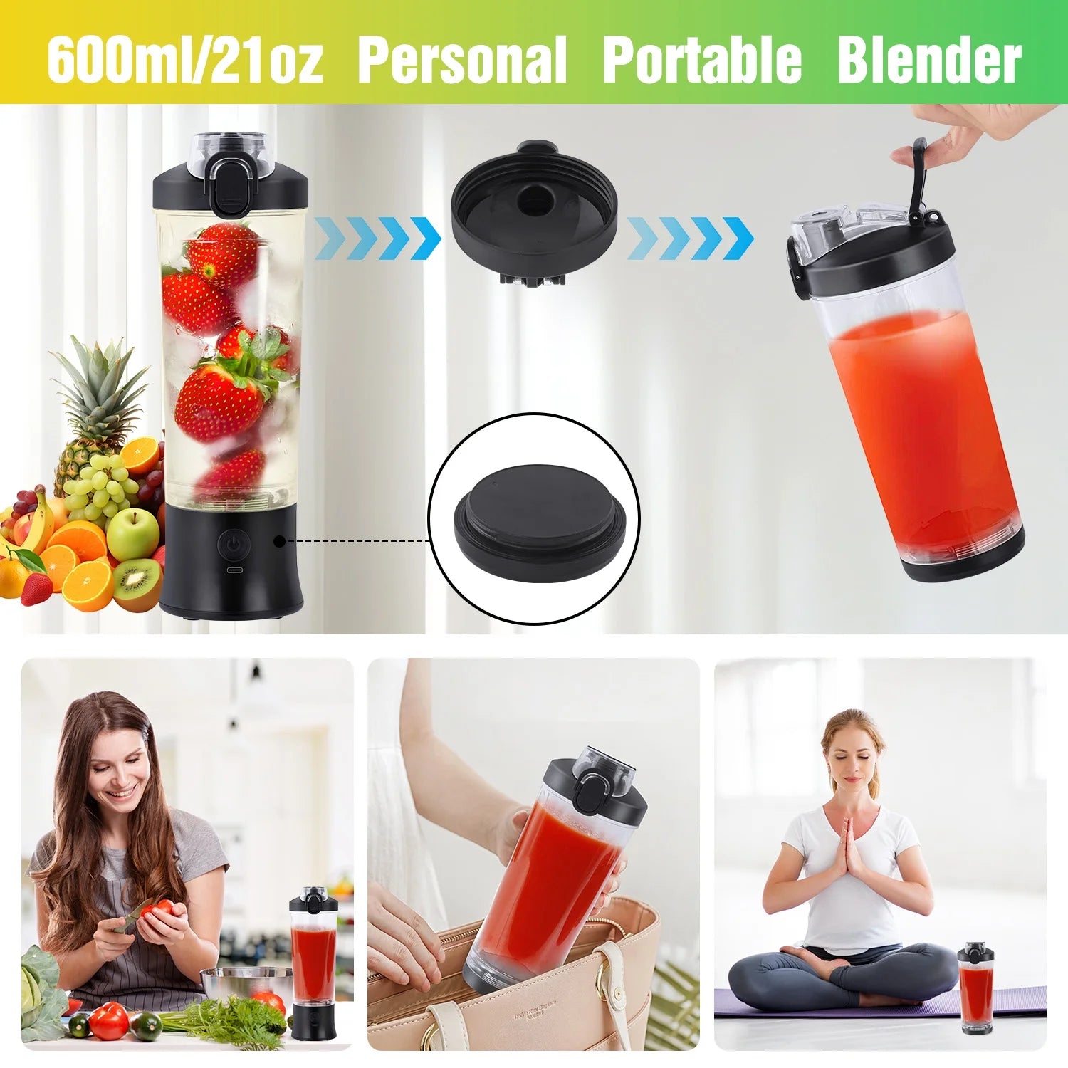 Portable Blender - 21 Oz Travel Cup, 10 Blades, USB Rechargeable Mini Blender for Shakes & Smoothies - Perfect for Gym, Home & Outdoors - Sleek Black Design