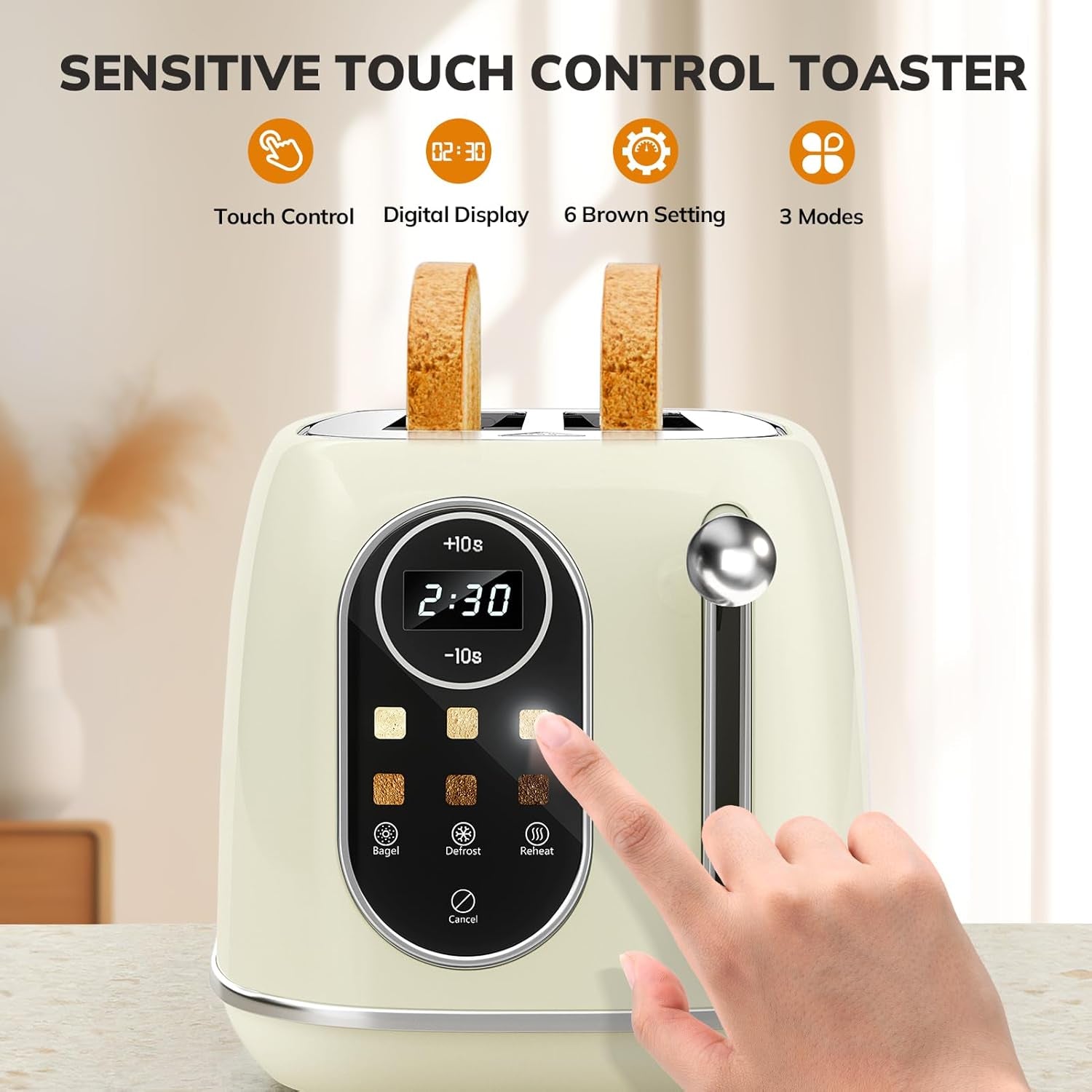 Retro Smart Touch Screen Toaster - 2 Slice Stainless Steel with 6 Browning Levels, Reheat & Defrost, Perfect for Bagels and Bread, Easy Clean Removable Crumb Tray - Beige