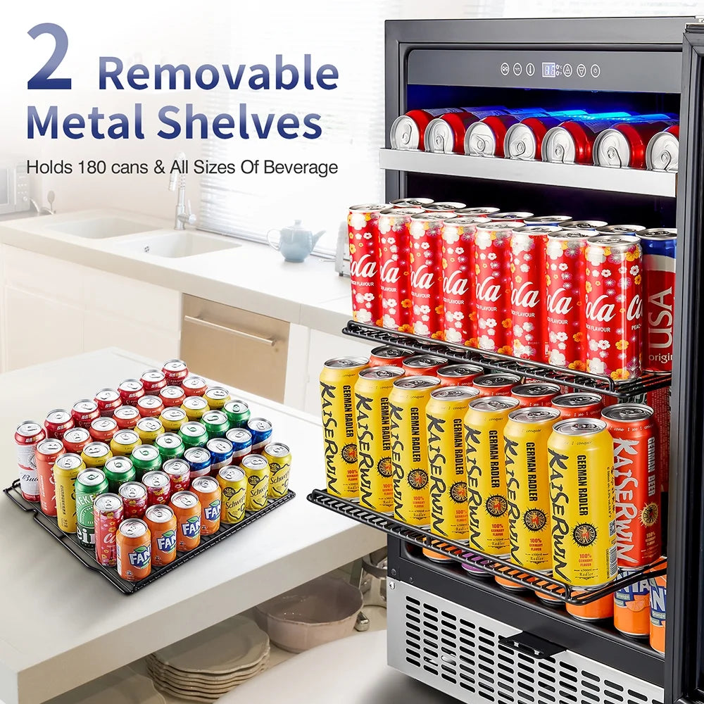 24" Beverage Refrigerator - 180 Can Capacity, Built-In & Freestanding, Touch Screen Control, Dual Layer Glass Door, Removable Shelves & Safety Lock for Beer, Soda & Water