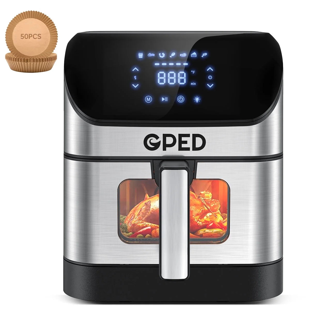 7.5 QT Air Fryers, Clear Window Oilless Air Fryer Oven, 8-In-1 One-Touch Screen, Nonstick Dishwasher-Safe Basket, Customized Temp/Time, Including Air Fryer Paper Liners 50PCS, Silver