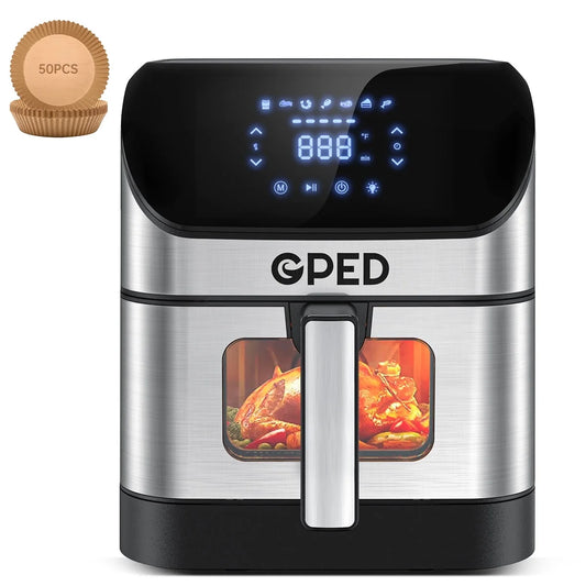 7.5 QT Air Fryers, Clear Window Oilless Air Fryer Oven, 8-In-1 One-Touch Screen, Nonstick Dishwasher-Safe Basket, Customized Temp/Time, Including Air Fryer Paper Liners 50PCS, Silver