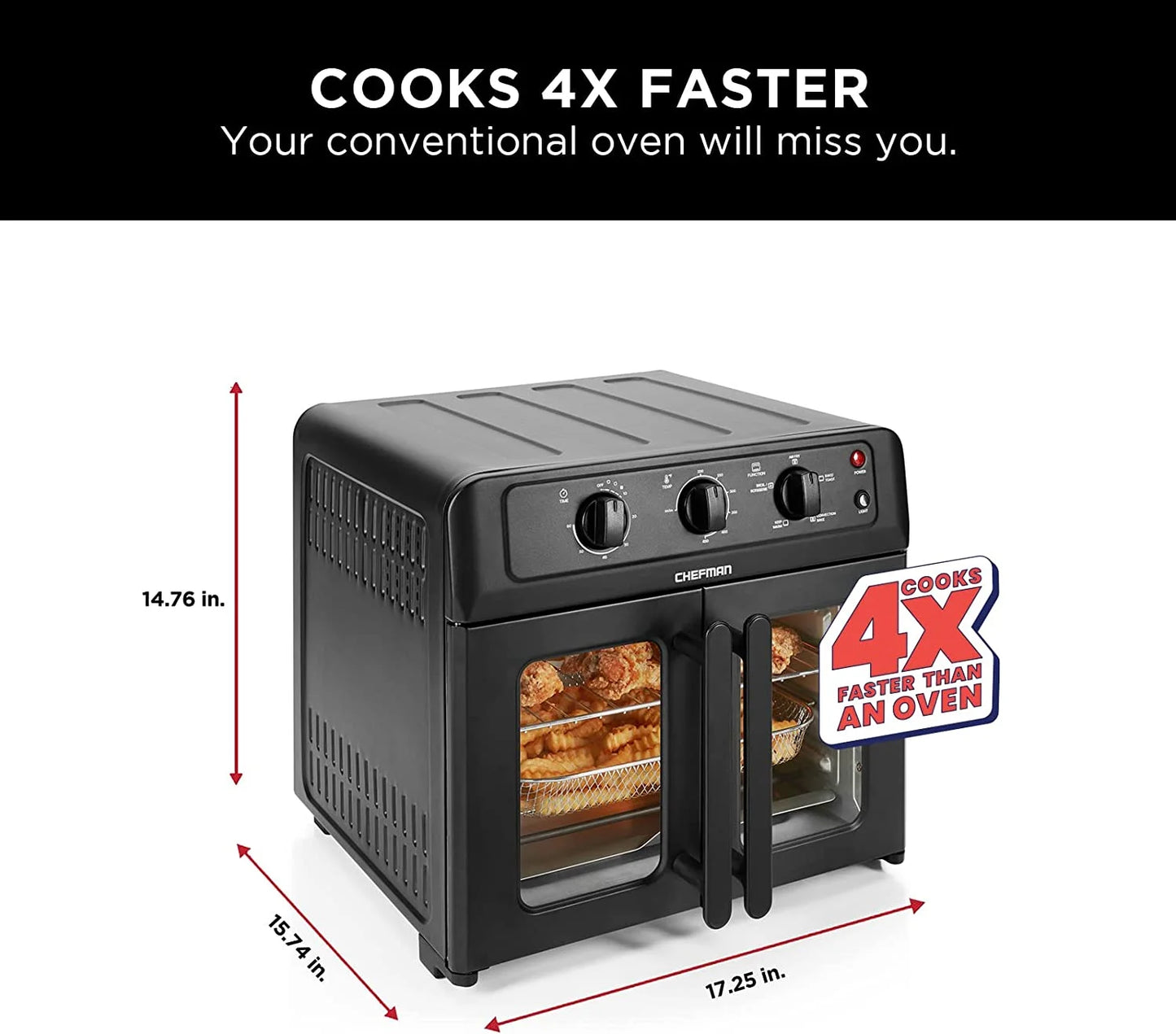 XL Air Fryer Oven W/ French Doors, 26 Qt Capacity, 5 Functions - Black