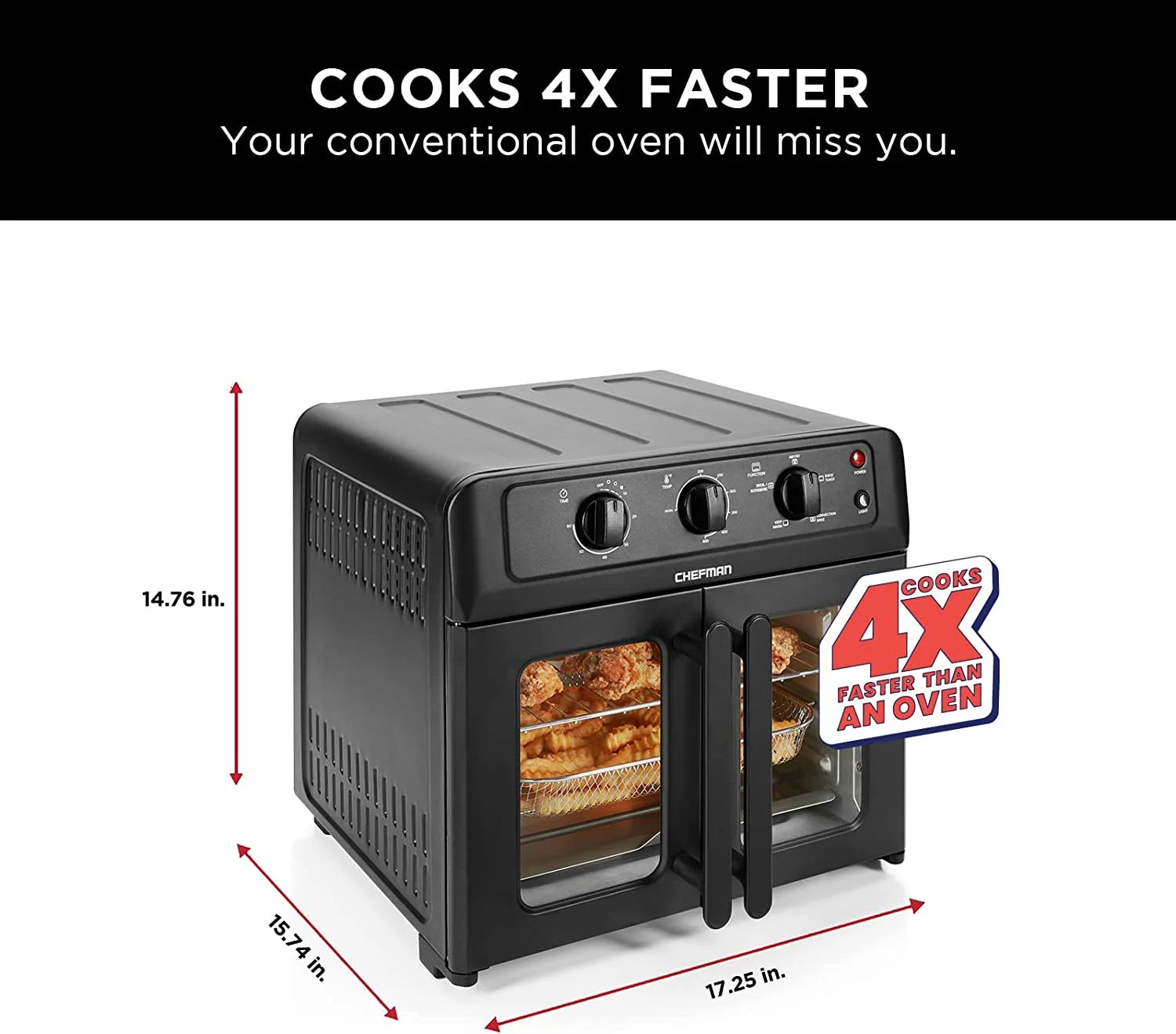 XL Air Fryer Oven W/ French Doors, 26 Qt Capacity, 5 Functions - Black