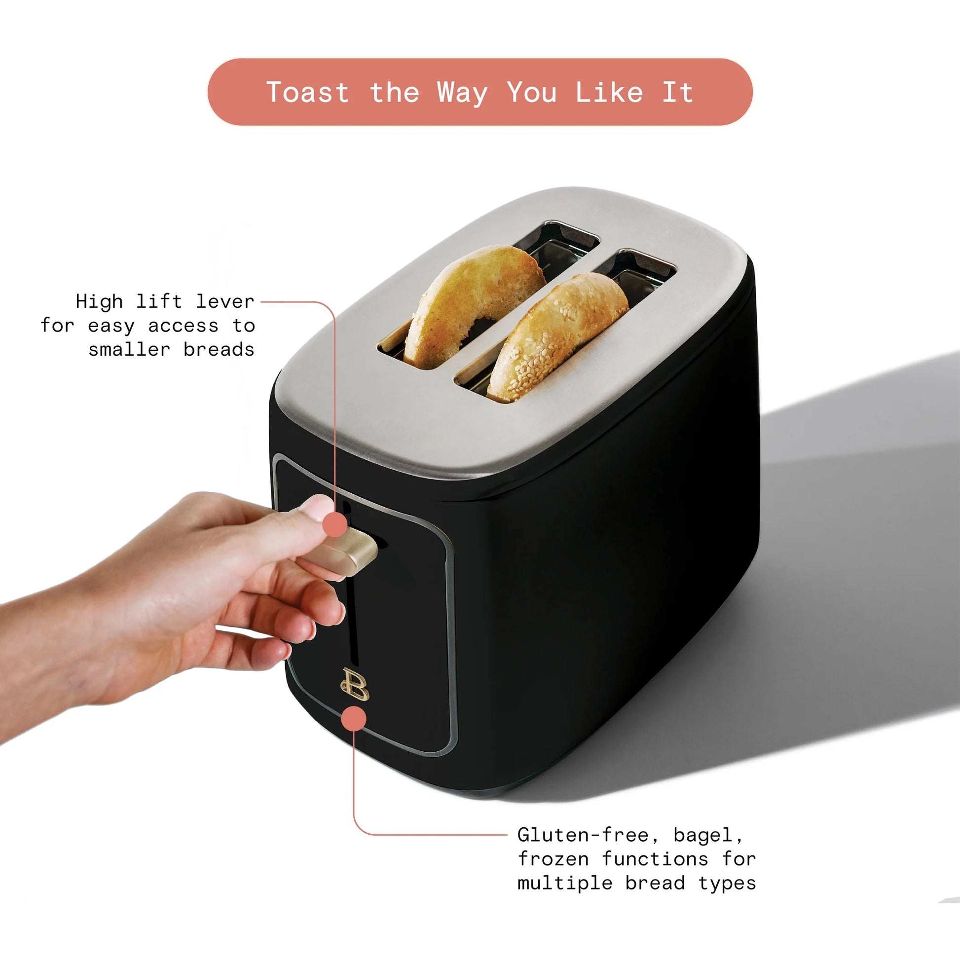 Sleek Black Sesame 2-Slice Toaster with Touch-Activated Display by Drew Barrymore