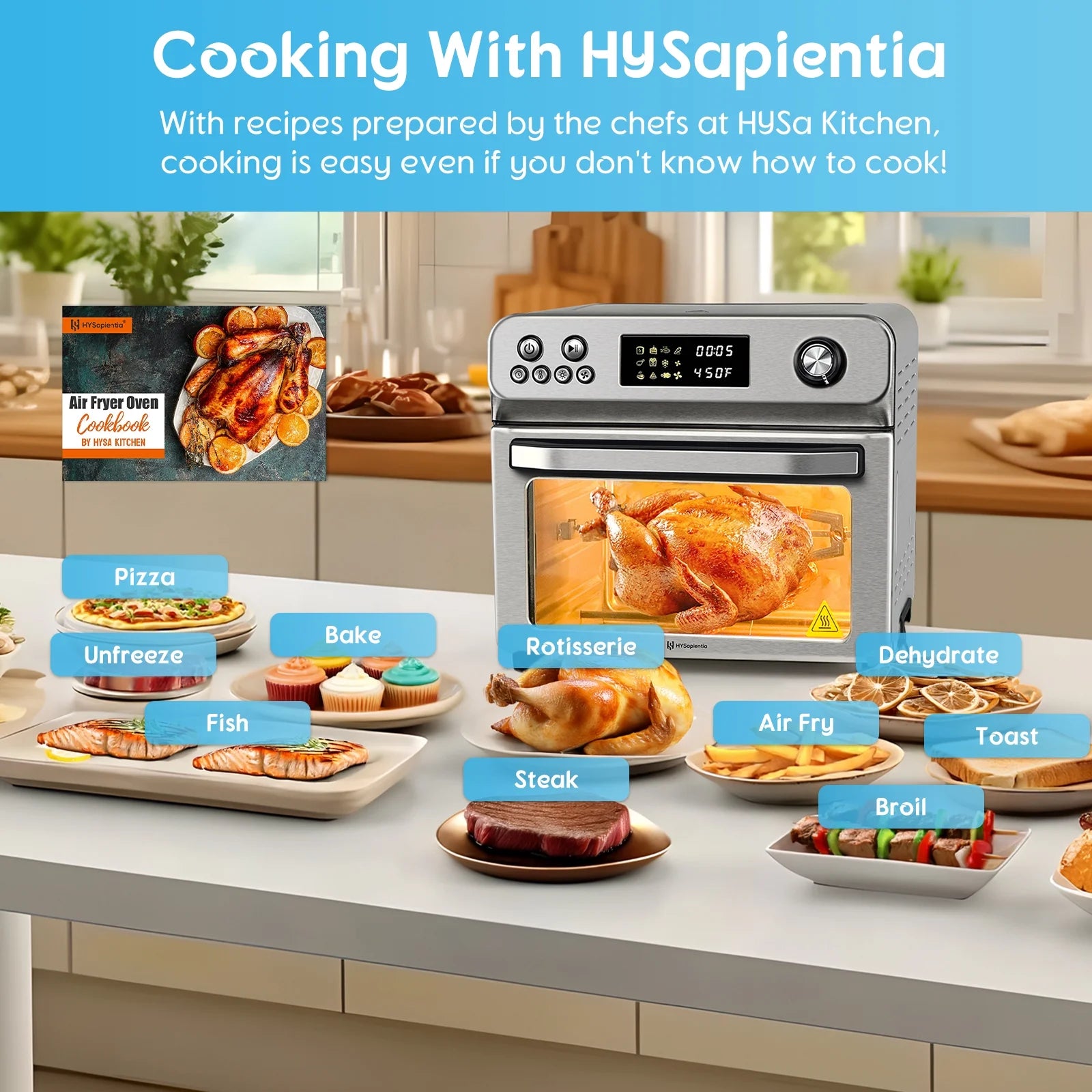 26QT Stainless Steel Air Fryer Oven with Rotisserie 1800W Air Fryer Toaster Oven,10 in 1 Countertop Oven