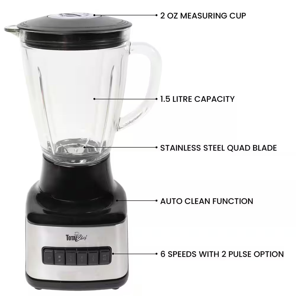 6-Speed Countertop Blender, 6 Cup (1.5L) Glass Jar, 2 Pulse Options, 500W Black Silver