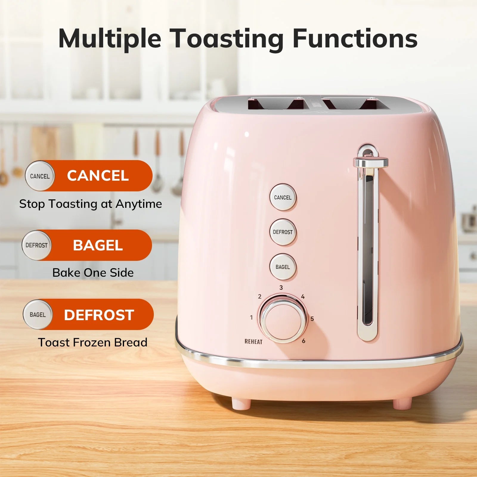 Toaster, Cute 2 Slice Stainless Steel Toaster with Cancel, Defrost Fuction for Bread, Bagel, Wide Slots Revolution Toasters, Kitchen Appliances, Apartment Essentials Must Haves - Pink