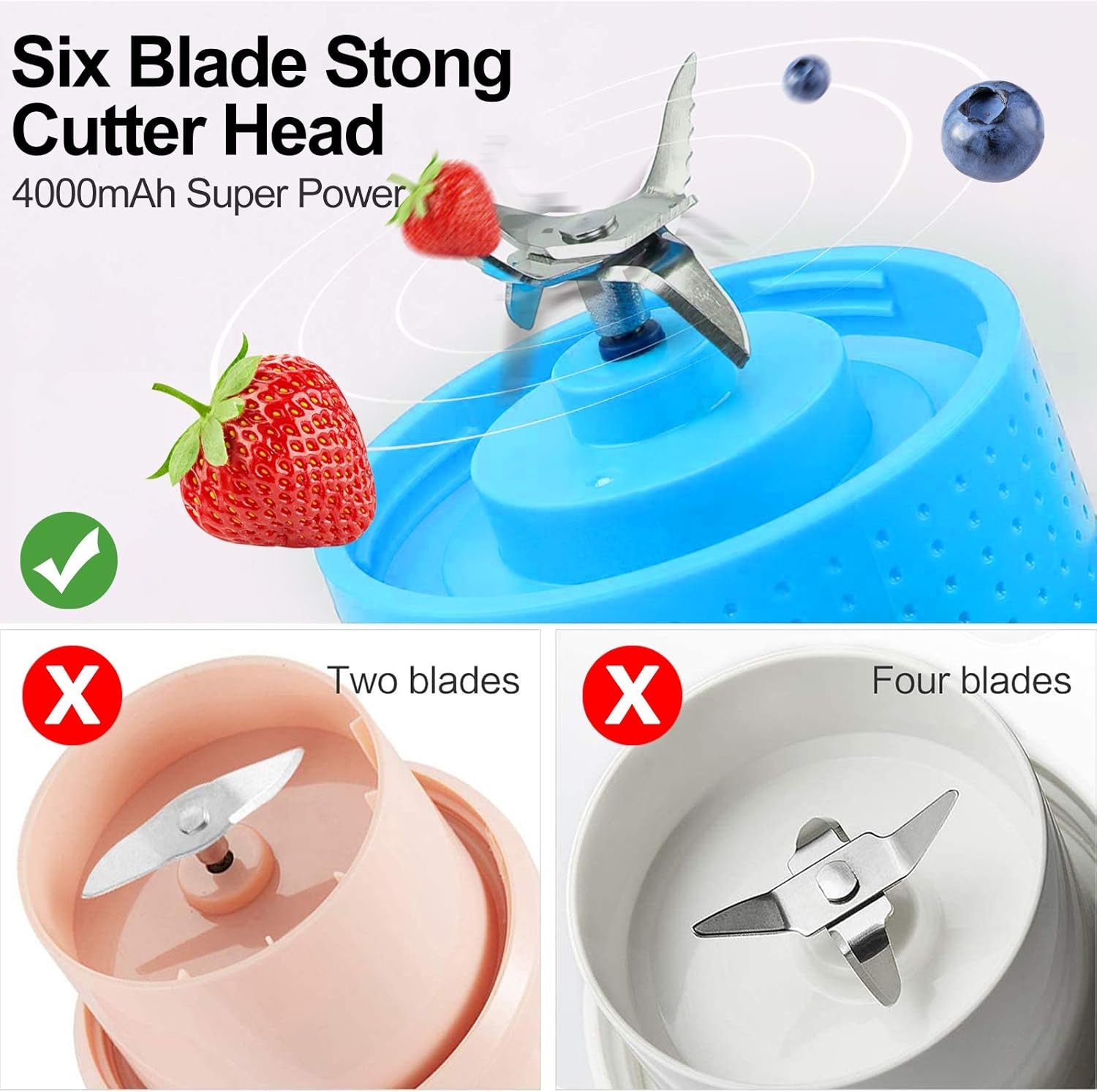 14 OZ Portable Blender - USB Rechargeable Personal Smoothie Maker with Six Blades - Perfect for Baby Milkshakes - Stylish Blue Design