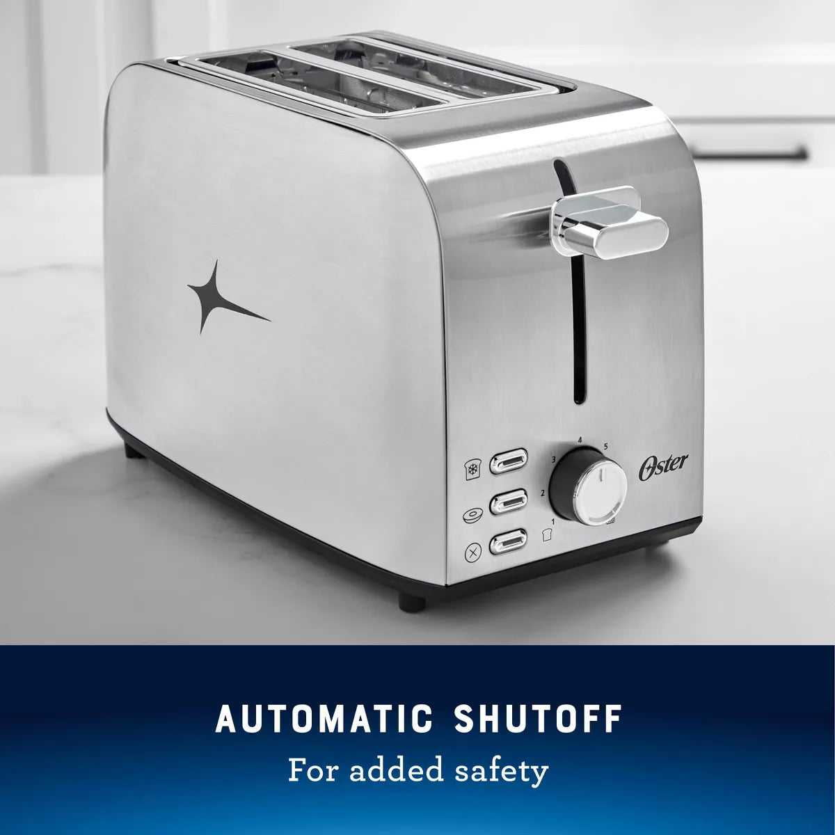 Oster 2-Slice Toaster Stainless Steel with Extra-Wide Slots: Reheat & Bagel Functions, 800W, Spot Clean