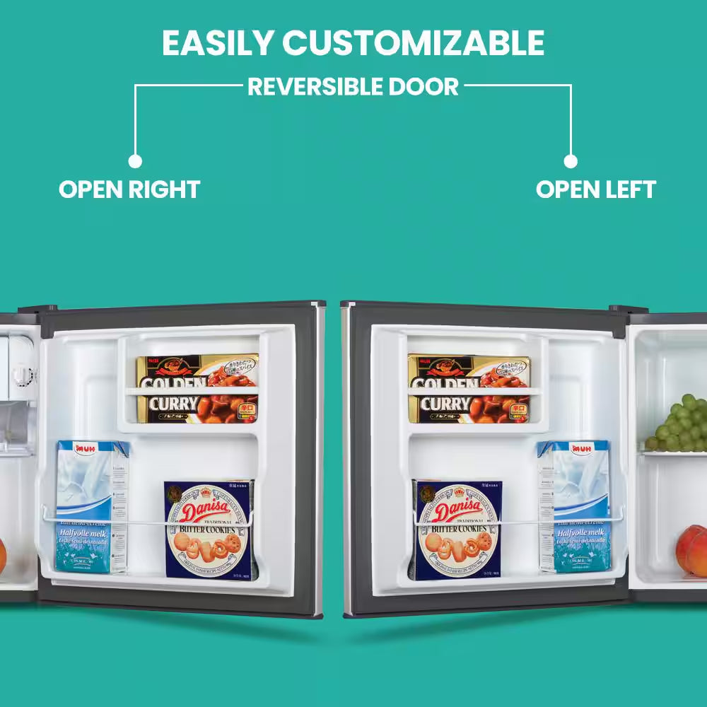 Stainless Steel Compact Fridge with Freezer, 1.6 Cu. Ft.. (44L), Flat Back, Reversible Door