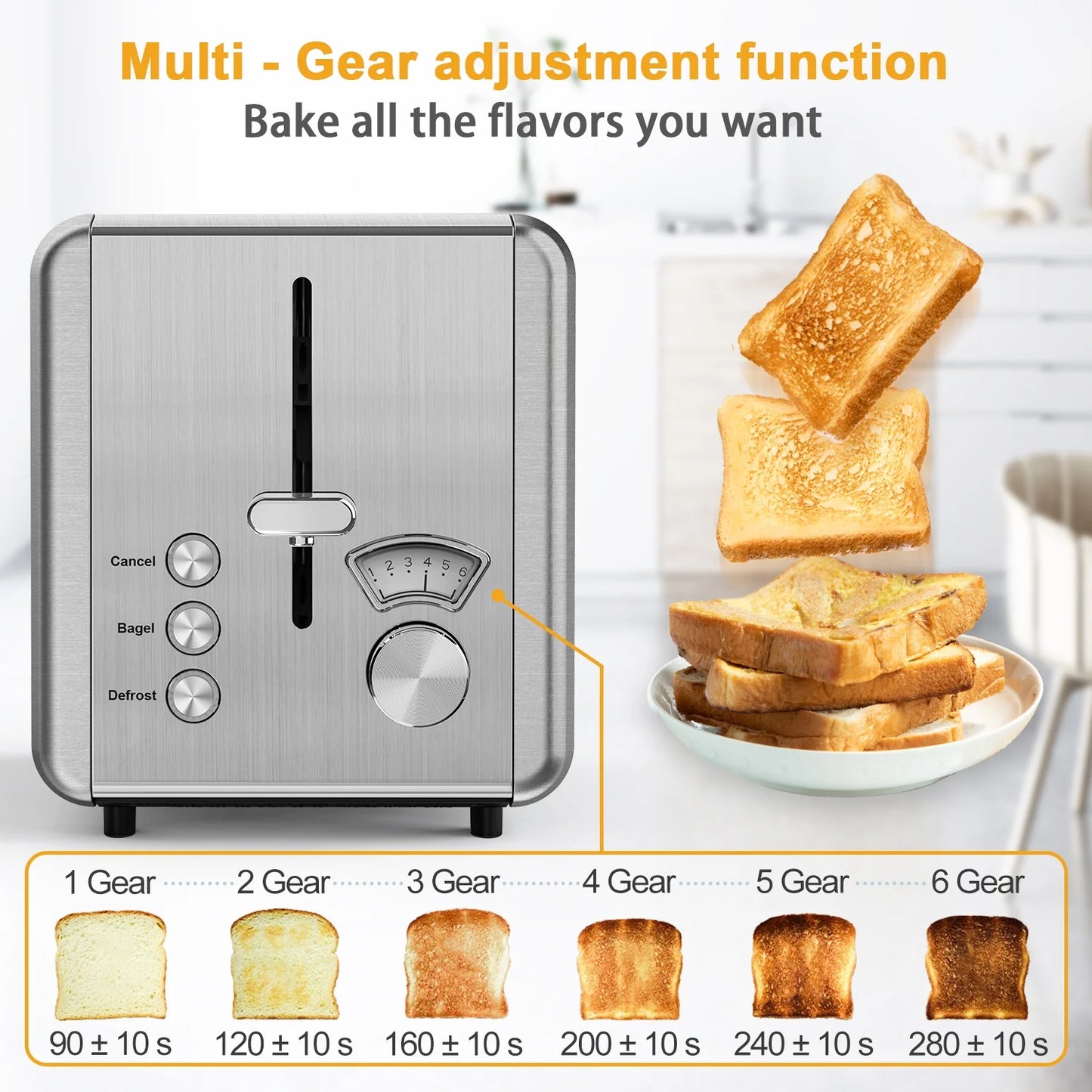 Stainless Steel Touchscreen Toaster - 2 Slice with Wide Slot, 6 Shade Settings & Bagel Function, Easy Clean Removable Crumb Tray