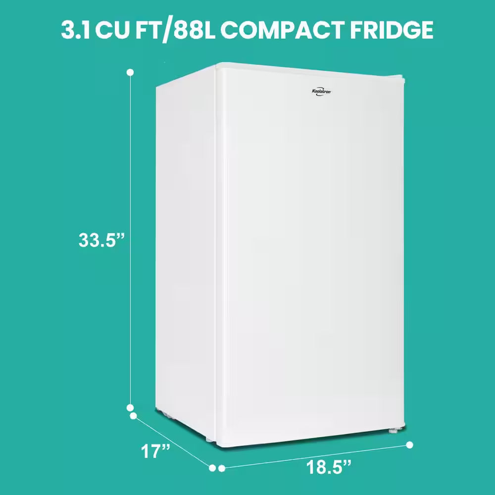 Compact Fridge with Freezer, 3.2 Cu. Ft.. (91L), White, Space-Saving Flat Back, Reversible Door